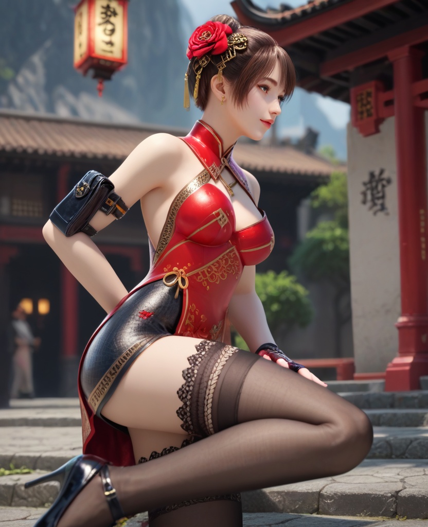 (oriental architecture, elegant decor, sophisticated style:1.1),(Hands on the waist, looking cheerful:1.1),(breasts:1.2),<lora:XL16穿越火线蝴蝶:0.95>,miss hudie,red short dress,black petticoat,gray eyes,brown hair,hair bun,hair flower,holstered,black fingerless gloves,black lace-openwork thighhighs,black high heels,, score_9,score_8_up,score_7_up,score_6_up,score_5_up,score_4_up,3d rendering,tag1,tag2, Cinematic Lighting,backlighting,, zPDXL3, zPDXL2,zPDXL, zPDXLxxx, zPDXLrl,