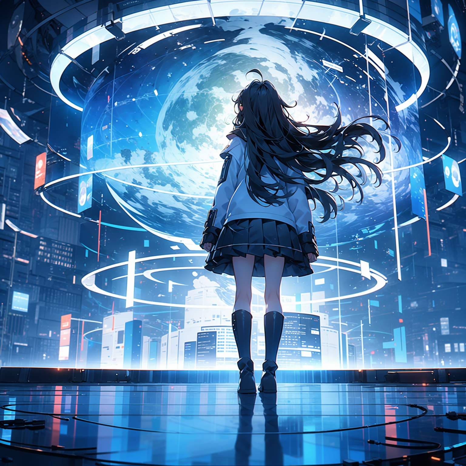 1girl, long hair, skirt, solo, planet, standing, from behind, black hair, black skirt, ahoge, scenery, blue theme, sky, facing away, cloud, boots, pleated skirt, jacket, building, reflection, very long hair, long sleeves<lora:HTTP_20240106230351-000008:1>