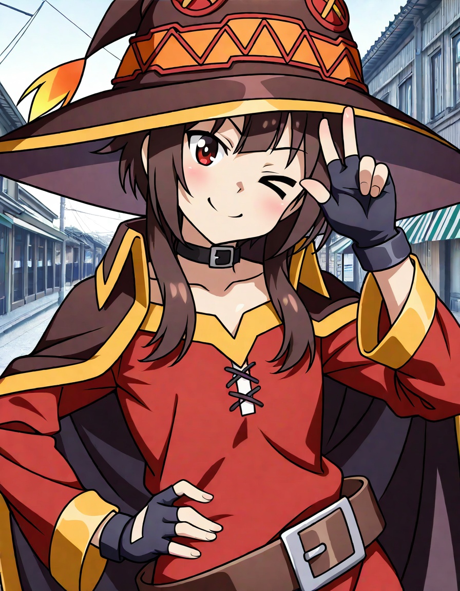 1girl,megumin,red eyes,short hair with long locks,brown hair,red dress,black choker,fingerless gloves,belt,black gloves,collar,cape,witch hat,dynamic pose,shaka sign,hand on own hip,upper body,looking at viewer,smile,one eye closed,\> o,colorful,shiny skin,shaft look,head tilt,dynamic pose,photo background,masterpiece,best quality,absurdres,newest,very aesthetic,amazing quality,highres,sensitive,highres,ultra detailed,best anatomy,HDR,8K,high detail RAW color art,high contrast,large pupil,