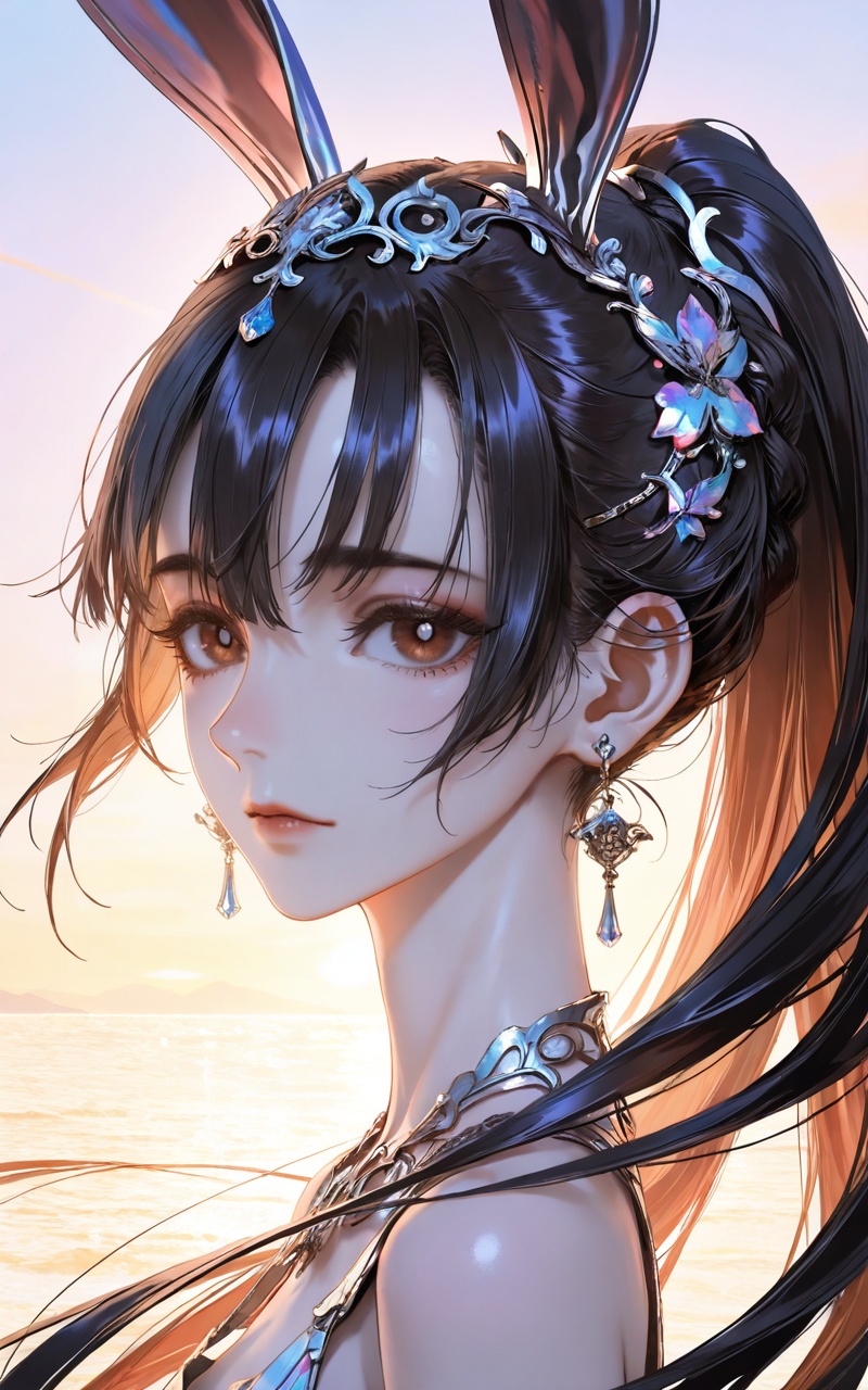 <lora:小舞ill-0.0793:0.6>,xiaowu,1girl,solo,hair ornament,long hair,looking at viewer,rabbit ear headwear,ponytail,brown hair,brown eyes,black hair,jewelry,earrings,portrait,close-up details,outstanding style,adding a touch of dimension to your images without compromising details,whirls of vapor,iridescent textures,(Anime:1.1),ethereal ambiance,delicate details,magical high-concept,32K UHD,sharp focus,best-quality,masterpiece,golden hour,unconventional supreme masterpiece,masterful details,temperate atmosphere,with a high-end texture,in the style of fashion photography,photography,cover,dynamic angle,dynamic posture,(artist:quasarcake:0.8),extreme aesthetic,(wlop:0.6),(honjou raita, lack, rella:0.5, wanke),masterpiece,best quality,good quality,very aesthetic,absurdres,visual impact,a shot with tension,ultra-high resolution,32K UHD,sharp focus,best-quality,masterpiece,emotionalization,unconventional supreme masterpiece,masterful details,temperate atmosphere,with a high-end texture,in the style of fashion photography,(visual impact:1.2),giving the poster a dynamic and visually striking appearance,impactful picture,official art,colorful,splash of color,movie perspective,masterpiece,best quality,amazing quality,very aesthetic,absurdres,best quality,newest,