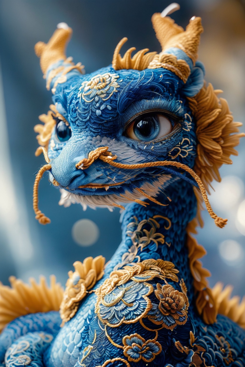 a blue and gold image of a Chinese Loong,realistic fine details,Chinese embroidery,no humans,blue eyes,depth of field,animal,animal focus,scales,