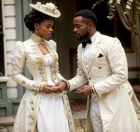 a sexy white woman in a dress tempting and seducing a black African milkman wearing a white suit,  1890_dr3ss on Tensor.Art