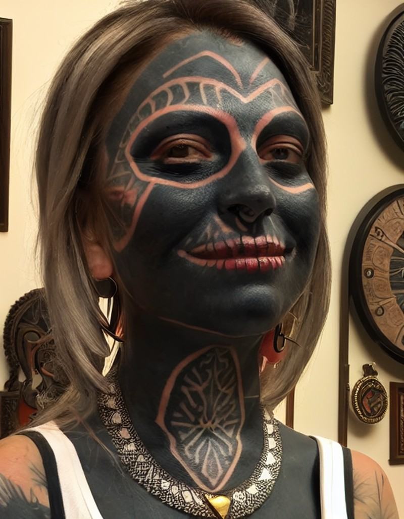 a european woman with tattoozfczfc on her face and neck with a clock on the wall behind him and a clock on the wall behind...