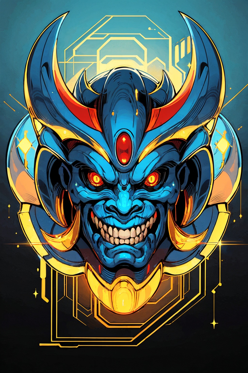 masterpiece,best quality,ultra high res,oni mask,Cyan theme,<lora:踏山听海【鬼面具】:0.6>,<lora:lightline-v2.0:0.5>, light particles,sparkle,backlighting,