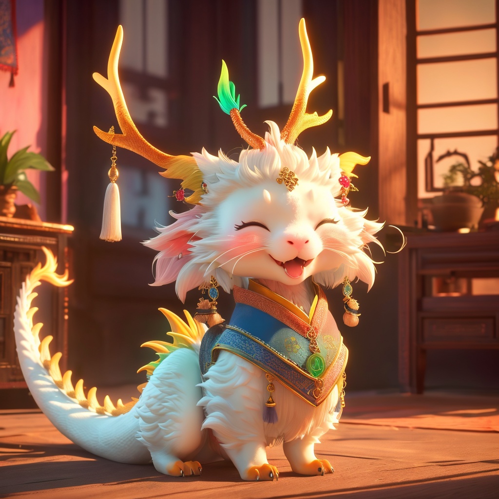 eastern dragon,soft lighting,whimsy and dramatic lighting,warm colors,mf-movie-filter,cc-color-correction,cute,sunset,sunlight,eastern dragon boy,clothed eastern dragon,dragon horns,horns,east asian architecture,no humans,closed eyes,blurry background,solo,fangs,blurry,jewelry,indoors,earrings,tassel,animalization,blush,tail,open mouth,antlers,full body,tassel earrings,whiskers,standing,smile,<lora:dragon_baby_v1:0.8>,