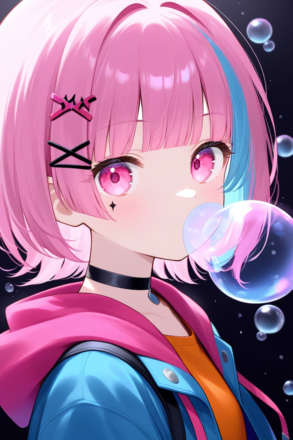 1girl,solo,bubble,looking at viewer,jacket,hood,choker,bubble blowing,hair ornament,multicolored hair,x hair ornament,upper body,hood down,black background,from side,black choker,pink hair,short hair,blunt bangs,orange shirt,hooded jacket,pink eyes,open jacket,blue hair,open clothes,hairclip,blue jacket,hoodie,best quality,amazing quality,very aesthetic,