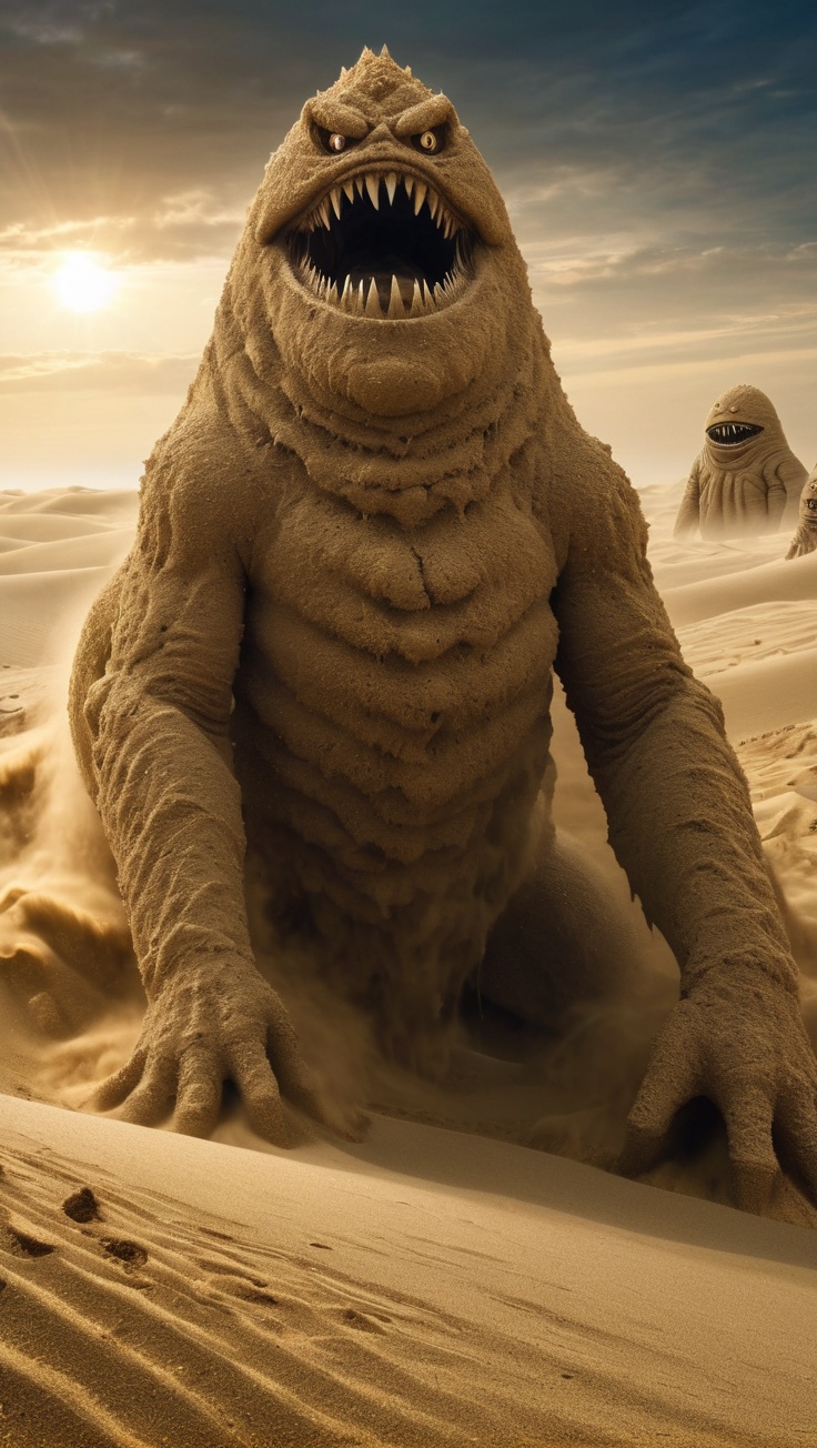 <lora:鲜创一派@奇幻世界XL:1>,Sand Monsters,Giant Monster Forms Formed by Sand Grains,Unsettling Atmosphere,Full Body,High Detail,Ultra High Resolution,32K UHD,Best Quality,Masterpiece,