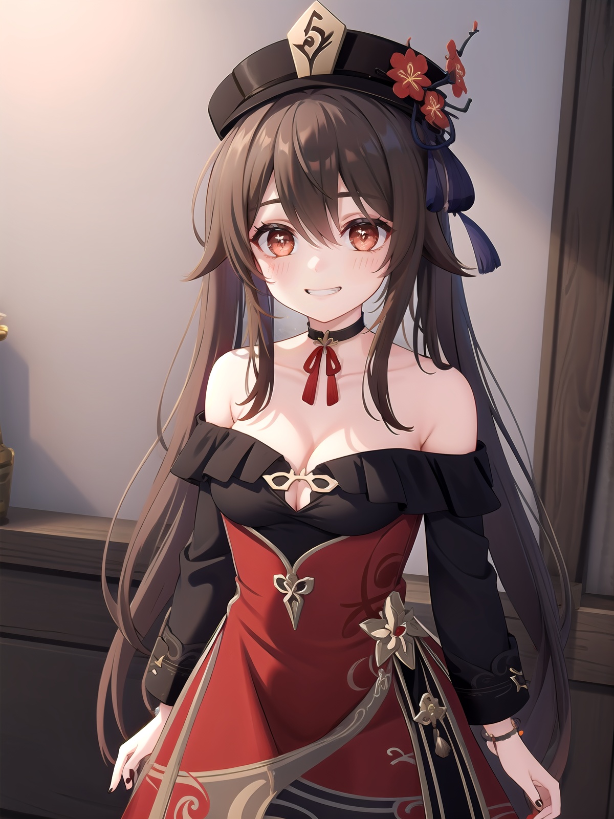 girl,hu tao (genshin impact),hat,flower on hat,brown hair,twintails,smile,dress,long hair,off-shoulder dress,ahoge,looking at viewer,red dress,bare shoulders,grin,red eyes,flower-shaped pupils,blush,bangs,breasts,choker,collarbone,solo,nail polish,black nails,ribbon choker,bow,hair between eyes,hair ornament,sidelocks,cleavage,wrist ribbon,very long hair,teeth,cowboy shot,<lora:[角色]-[胡桃-原神]hutao_v2:0.7>,, (best quality),((masterpiece)),