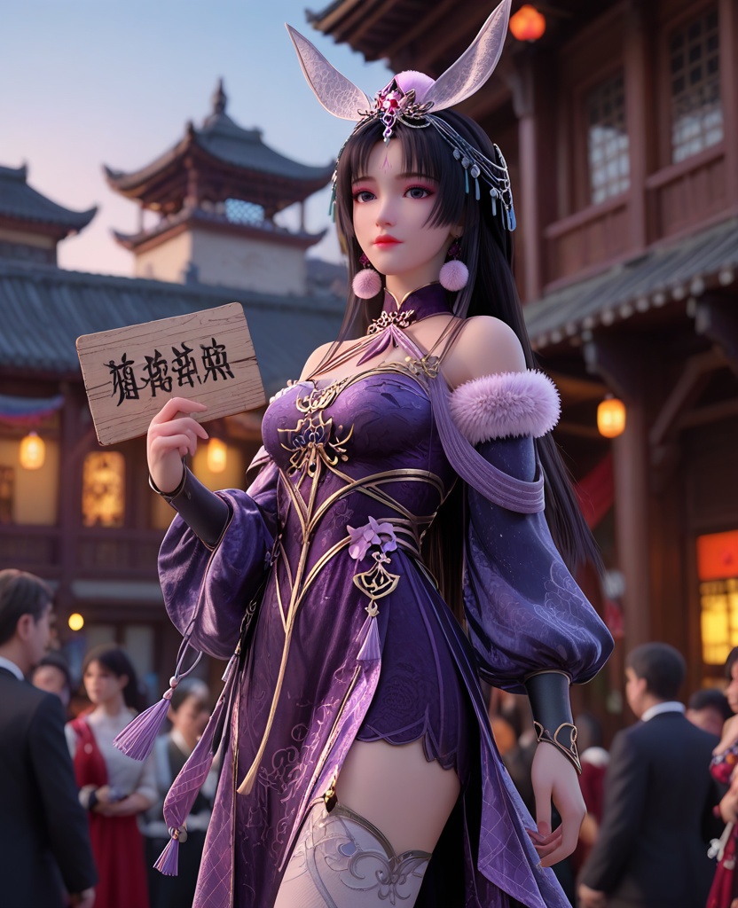 (oriental architecture, elegant decor, sophisticated style:1.1),(Standing in a crowd, holding a sign, participating in a peaceful protest or demonstration,:1.1),(breasts:1.2),<lora:XL暗河传慕雨墨:0.85>,miss muyumo,purple halter dress,pom pom \(ornament\),rabbit ears hair ornament,jewelry,puffy long sleeves,forehead mark,fur trim,black hair,long hair,purple eyes,parted bangs,white thighhighs,, score_9,score_8_up,score_7_up,score_6_up,score_5_up,score_4_up,3d rendering,tag1,tag2, Cinematic Lighting,backlighting,