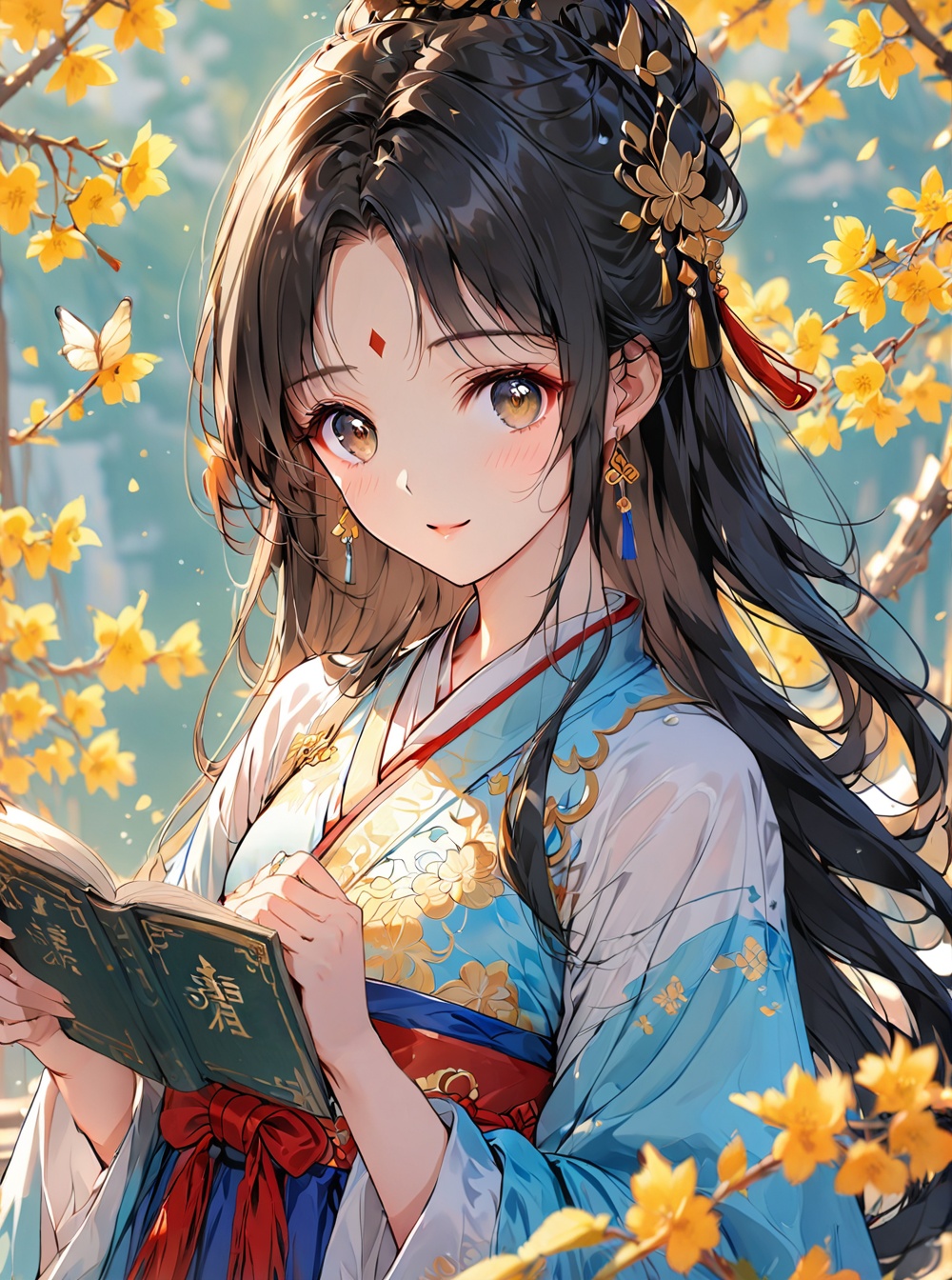 Hanfu,O,1girl,book,butterfly,***,long hair,black hair,hair ornament,solo,jewelry,holding book,forehead mark,earrings,facial mark,holding,brown eyes,chinese clothes,long sleeves,sash,upper body,hanfu,open book,looking at viewer,outdoors,
