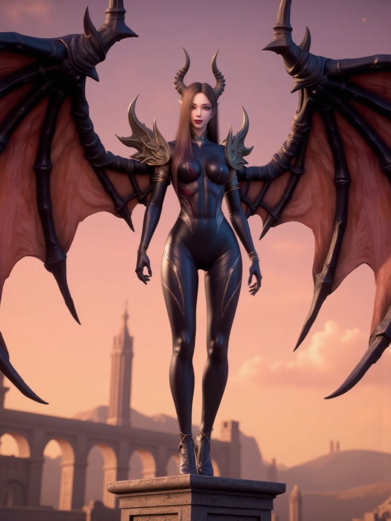 WM, CGI fantasy artwork of a female demon with large bat wings, sharp horns, and a sleek, black bodysuit. She has pale skin, long brown hair, and a confident expression. She stands on a stone pillar against a sunset sky with ancient ruins in the background. 