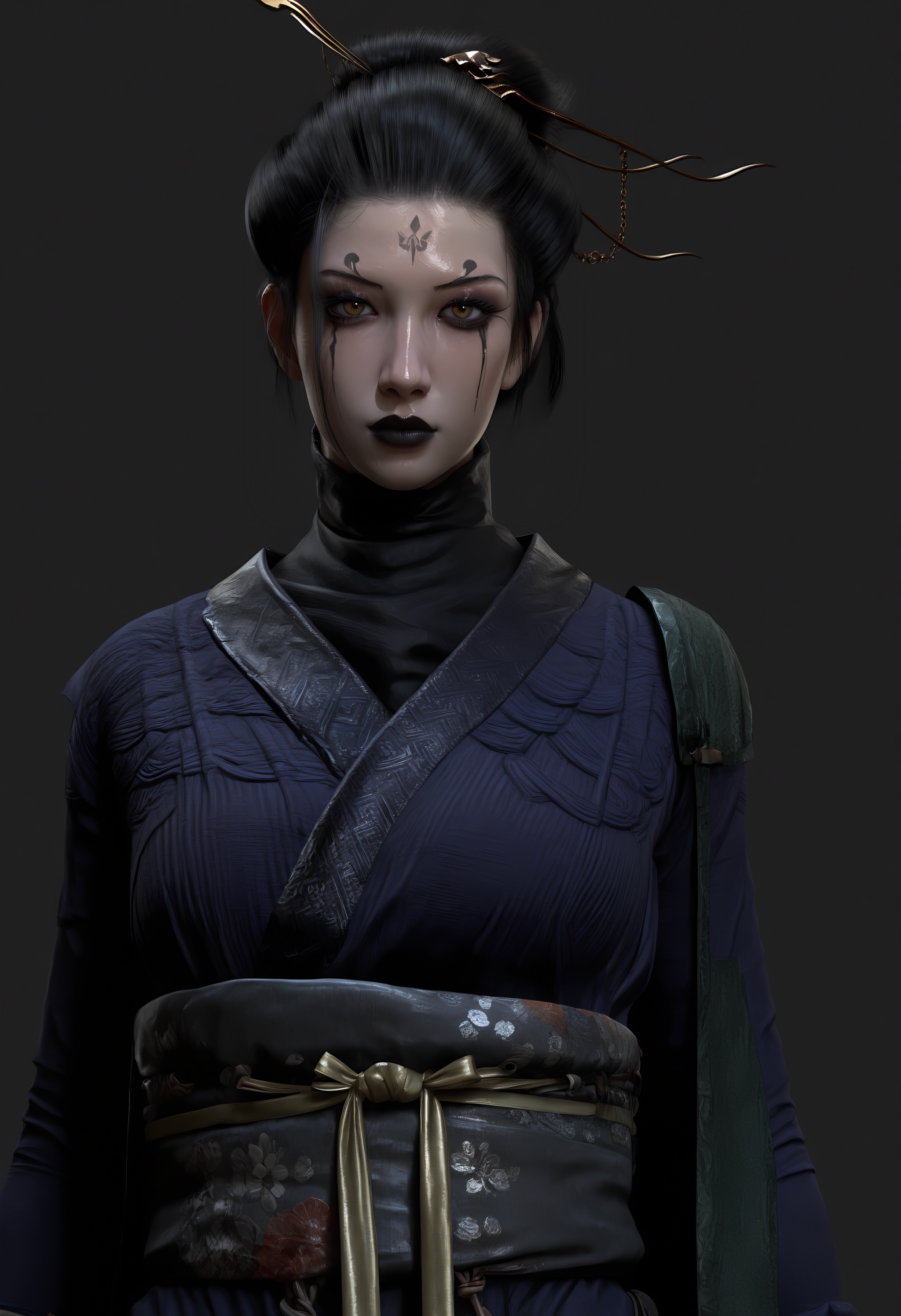 (score_9),<lora:四妹-Apony:0.86>,foursister,solo,1girl,black hair,facial mark,forehead mark,hair ornament,hair bun,hair stick,chinese clothes,sash,belt,black_eyeshadow,black lips,Willow-shaped eyebrows,large breasts,glamor,puffy breasts,pointy_breasts,<lora:a修手:0.35>,front view,arms behind back,simple background,OverallDetail,(shiny_skin),(deep_skin:1.1),<lora:perfect-eyes:0.8>,<lora:e色温:0.5>,<lora:SkinRealityOrg_ponyv6_loraplus:0.2>,real skin,<lora:detailed_notrigger:1>,<lora:身材滑块:0.5>,