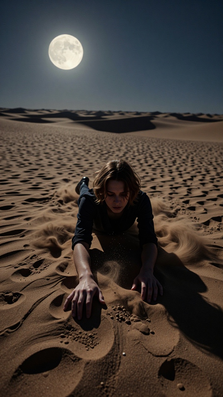 A lone figure succumbing to an inexplicable illness,  surrounded by the desolation of vast sand dunes that stretch out tow...