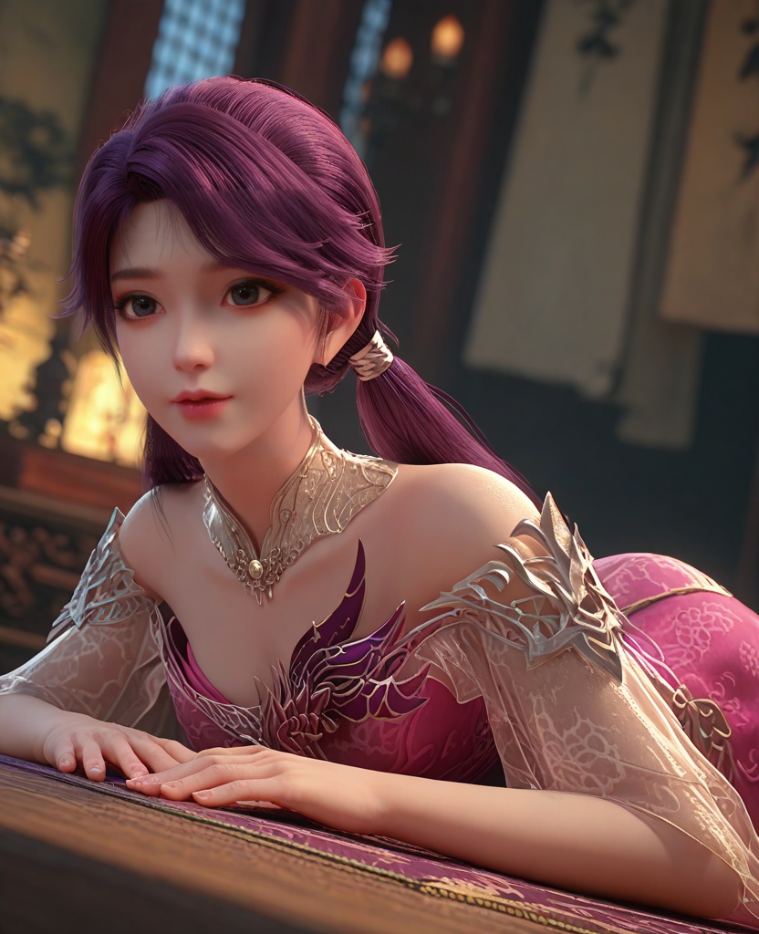 (oriental architecture, elegant decor, sophisticated style:1.1),(lying on stomach:1.1),(breasts:1.2),<lora:XL百炼成神罗嫣:0.95>,miss luoyan,long hair,purple hair,dress,low twintails,twintails,detached collar,bare shoulders,lips,jewelry,pink dress,eyelashes,teeth,, zPDXL2, score_9, score_8_up, score_7_up BREAK realistic, masterpiece,best quality, highly detailed,, zPDXL3, zPDXL2,zPDXL, zPDXLxxx, zPDXLrl,