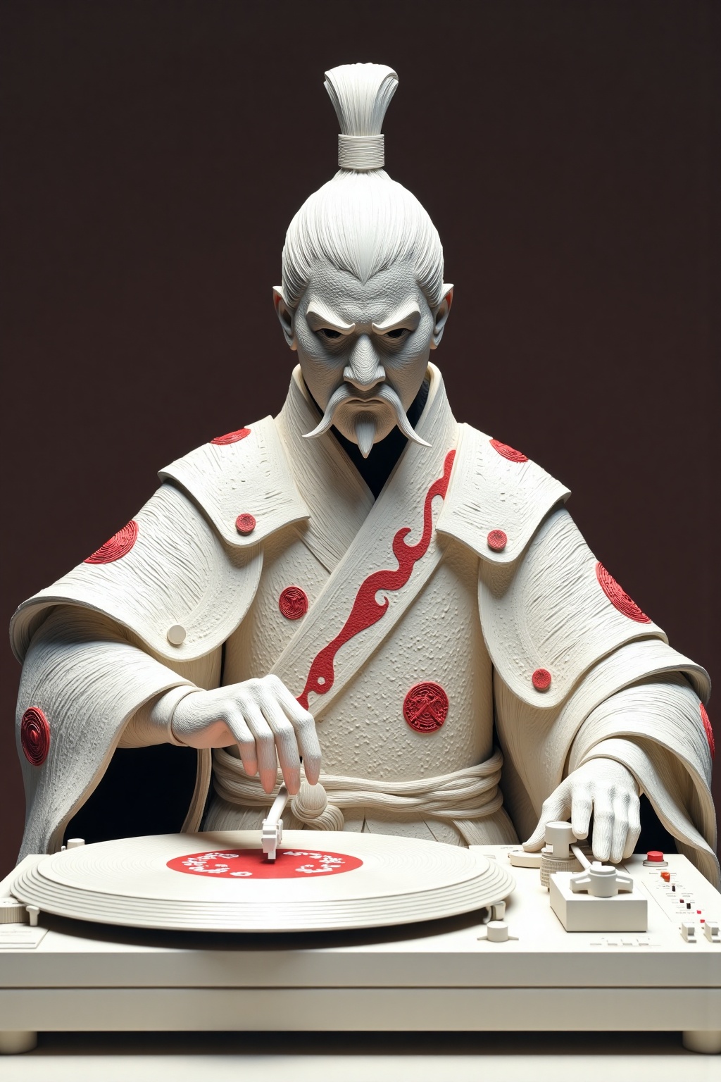 beijihui,a close-up shot of a Japanese figure, dressed in a white robe adorned with red accents. The figure's face is adorned with a white beard and mustache, adding a touch of warmth to the scene. Its arms are adorned with white gloves, adding texture to the figure's attire. The figures are posed in front of a white vinyl record player, with a red emblem in the bottom left corner of the frame. The backdrop is a dark brown, creating a stark contrast to the figures.
