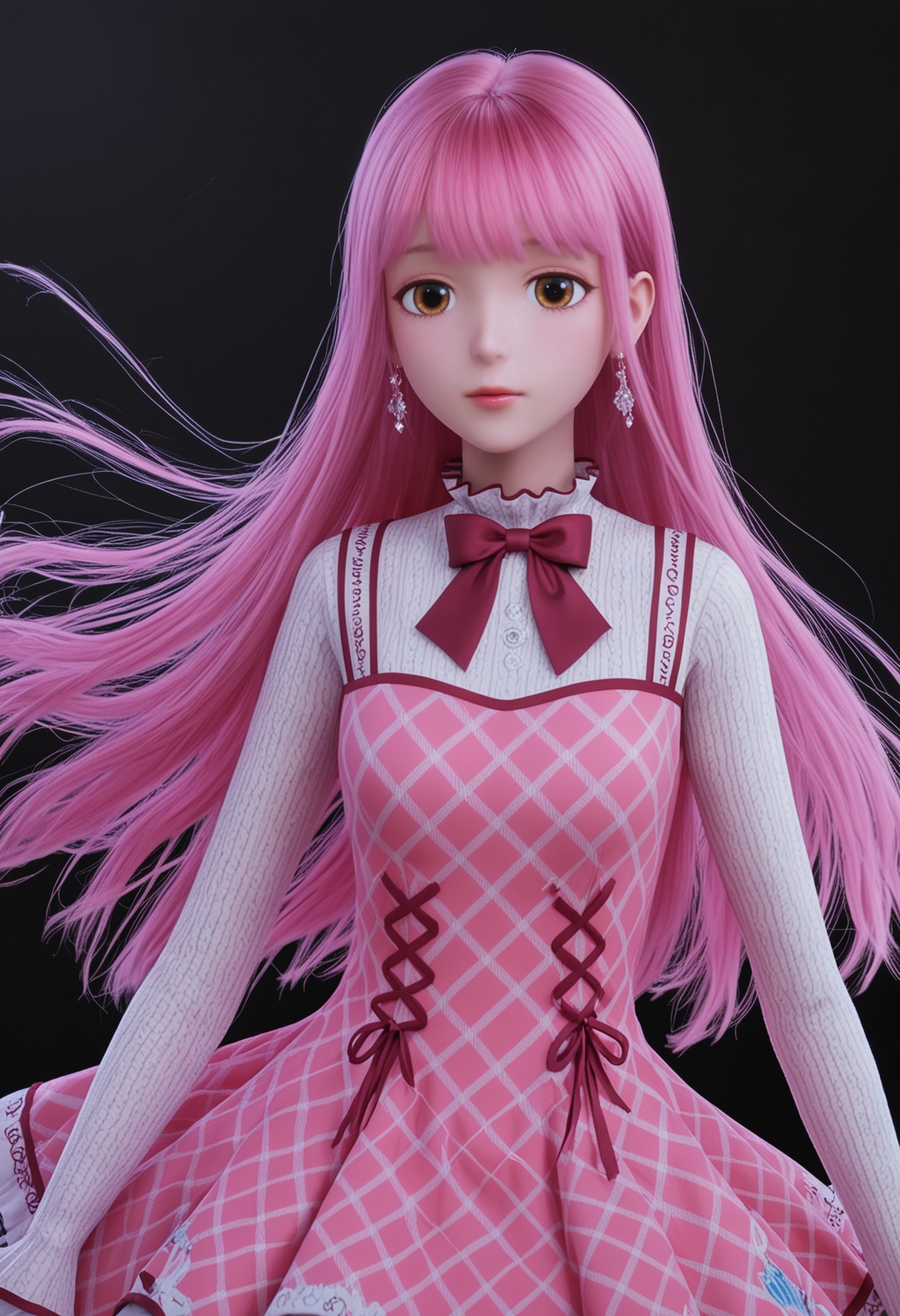 (upper_body:1.2),(looking at viewer:1.1),facing viewer,direct gaze,<lora:YQ_pony_nuannuan_fuzhuang18_V4:0.8>,q1528437228,1girl,solo,long hair,pink hair,dress,long sleeves,brown eyes,bow,jewelry,earrings,pink dress,bowtie,blunt bangs,shoes,socks,high heels,BREAK (white skin:1.1),(fair skin:1.1),(Ivory skin:1.1),(shiny skin),perfect anatomy,(simple background,pure black background,black background:1.1),