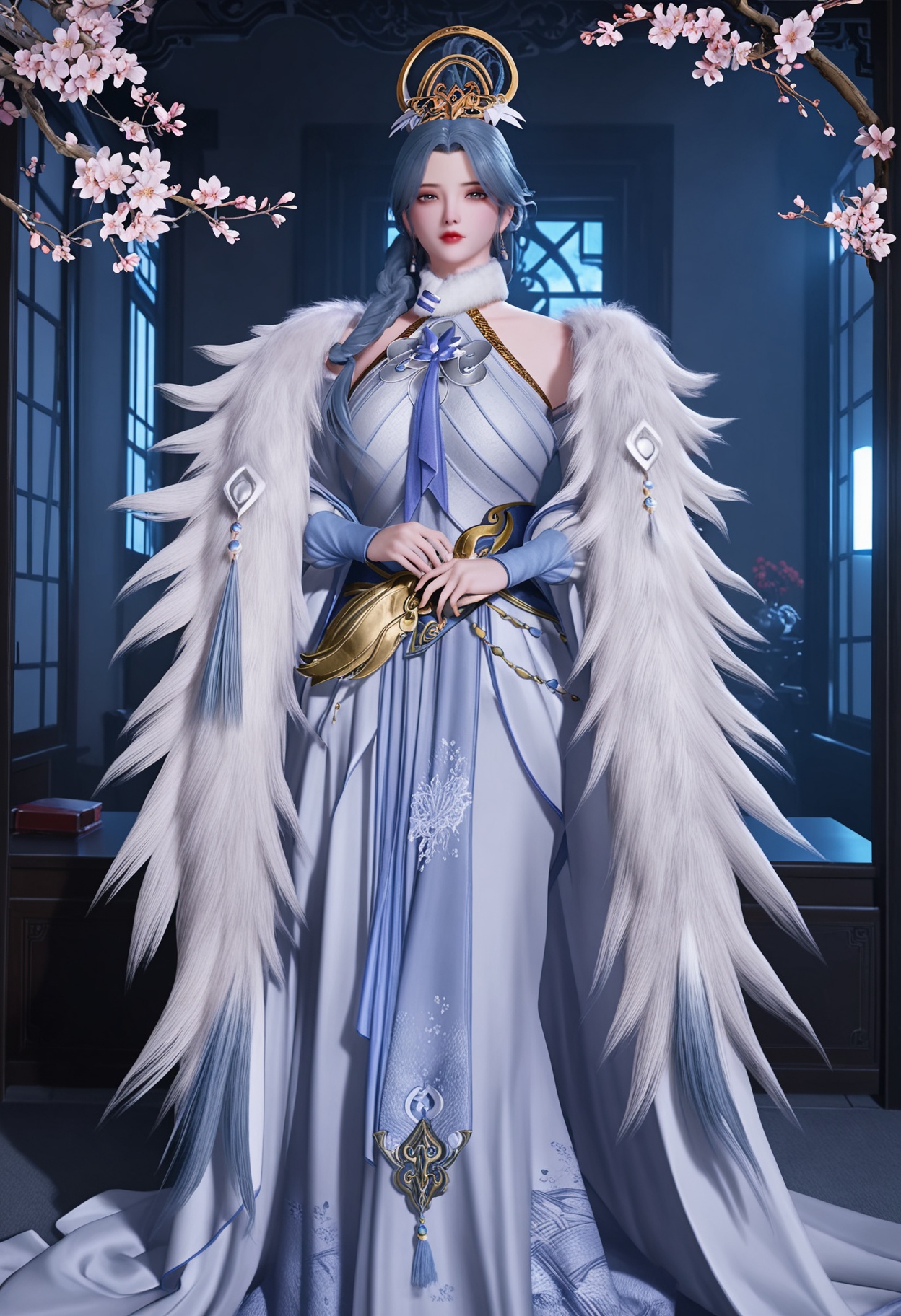 (full_body:1.2),(gigantic breasts:0.7),(looking at viewer:1.1),facing viewer,direct gaze,(masterpiece:1.1),(best quality:1.2),(intricate details),(smog:1.3),(Dark room:1.3),(dim lighting:1.3),peach blossom,falling petals,<lora:YQ_Illustrious光辉v5_冥土始祖_烛_V1:0.9>,1girl,q1528437228,solo,long hair,braid,hair ornament,jewelry,earrings,dress,grey hair,fur trim,blue hair,grey eyes,hair bun,black hair,masterpiece,(best quality),(intricate details:0.9) BREAK (intricate details:0.9),(realistic skin:1.2),masterpiece,best quality,newest,absurdres,hiahres,