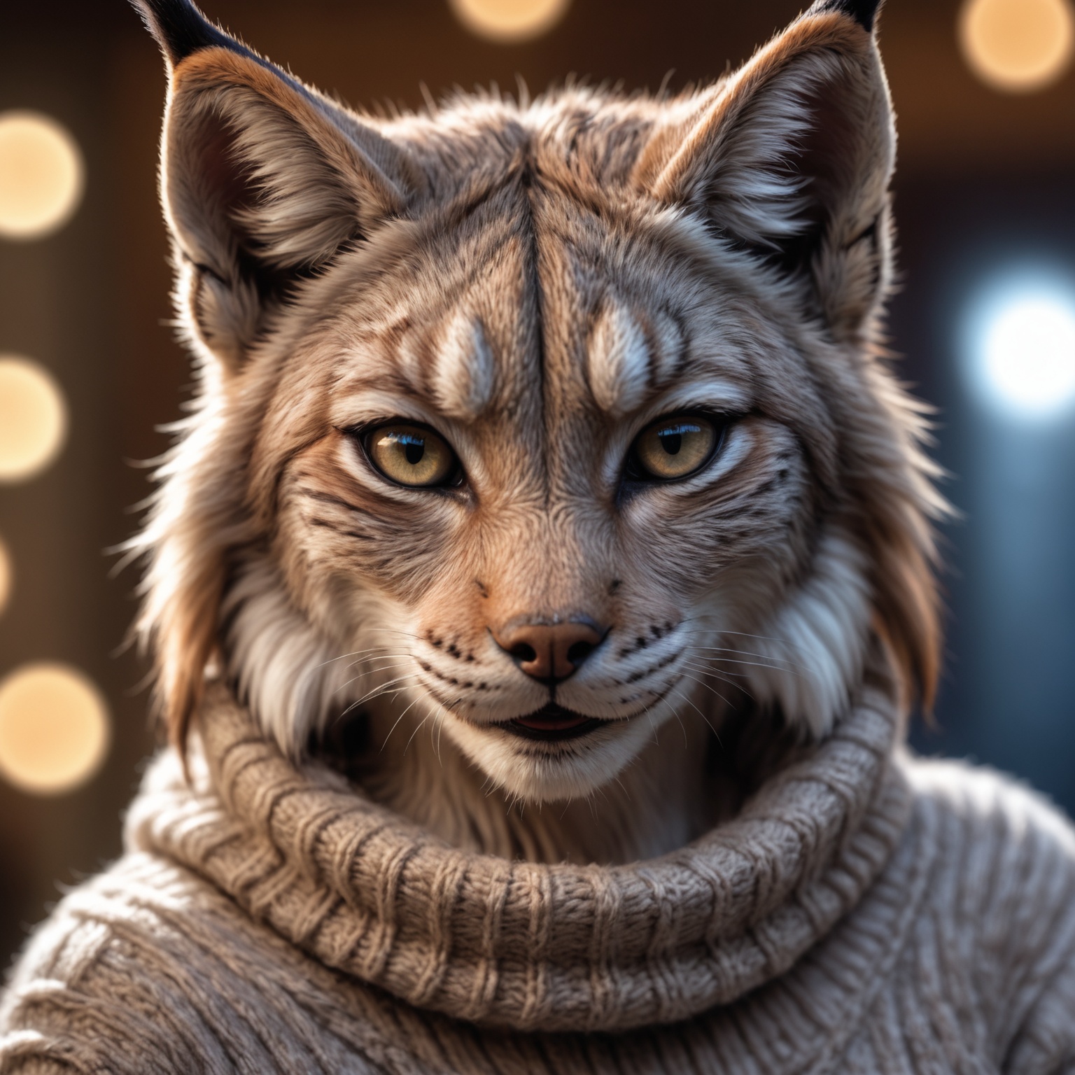 Closeup of an anthro furry lynx female wearing a wool sweater,  high quality photography,  3 point lighting on Tensor.Art