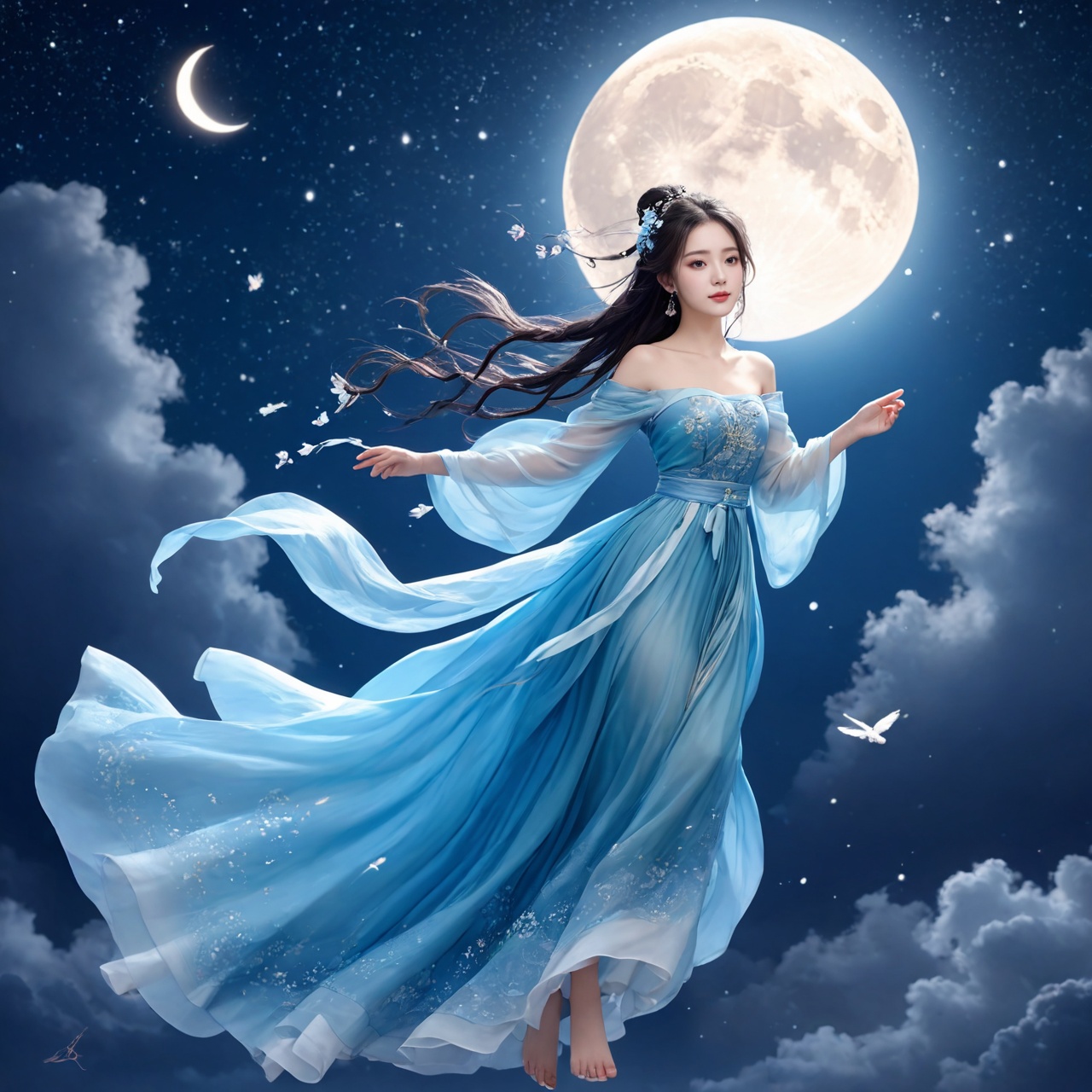 1girl,chinese hanfu,bare_shoulders,breasts,flying to the moon,full body,long hair,princess dress,starry sky,off-shoulder_dress,full moon,sea,blue theme,gradient,silhouette,rabbit,Chinese text,cloud,flower,