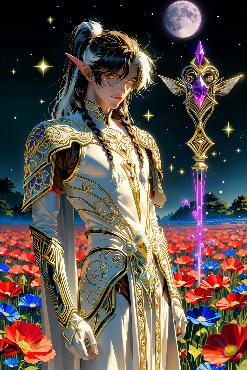 A tall,  lean High Elf male Cleric stands in a vast,  open field of Life and Death on Tensor.Art