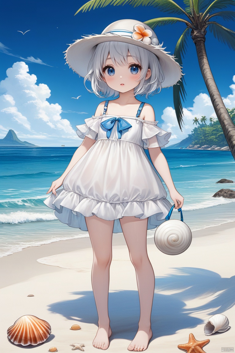 (Girlish body type), (masterpiece), (best quality), Exquisite visuals, high-definition, (ultra detailed), finely detail, ((solo)), (white Silver hair), (gradient Blue), (beautiful detailed eyes), Kawai, loveliness, ,standing, ((full body)),a slightly shy little shell with short white hair, anthropomorphic shells,a center cut, (child:1.2), wearing a white shell outfit and a swimming ring. (((Shell clothes and hats))),The environment is next to the beach, with coconut trees and many seashells on the beach