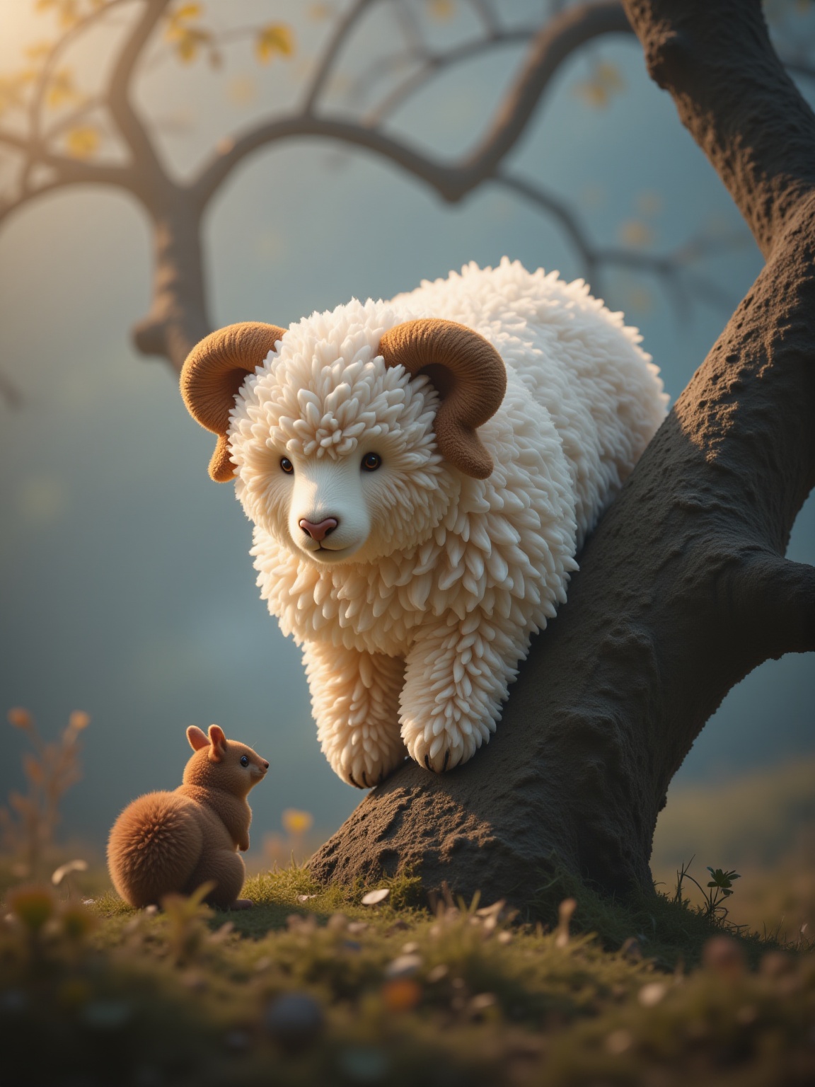 YY_plush,A cute sheep,Plush wool,Plush,soft edge,matching,plush,3D,real,3d model,white wool,Inflation,expansion,soft gradient colors,studio lighting,light reflection,(masterpiece:1.2),exquisite,high resolution,perfectillumination,(Extreme detail cG:1.2),best quality,8K,subtle stylized by Giacomo Balla and C. R. W. Nevinson,photograph,a group of wild animals gather around a large oak tree,their fur glistening in the sunlight. A small brown bear perches on a branch,watching as he gazes at a squirrel with his head bent low. Foggy conditions,Amusing,Magical Realism,Candle light,Kodak UltraMax 400,800mm lens,<lora:YY-毛绒F.1:1>,