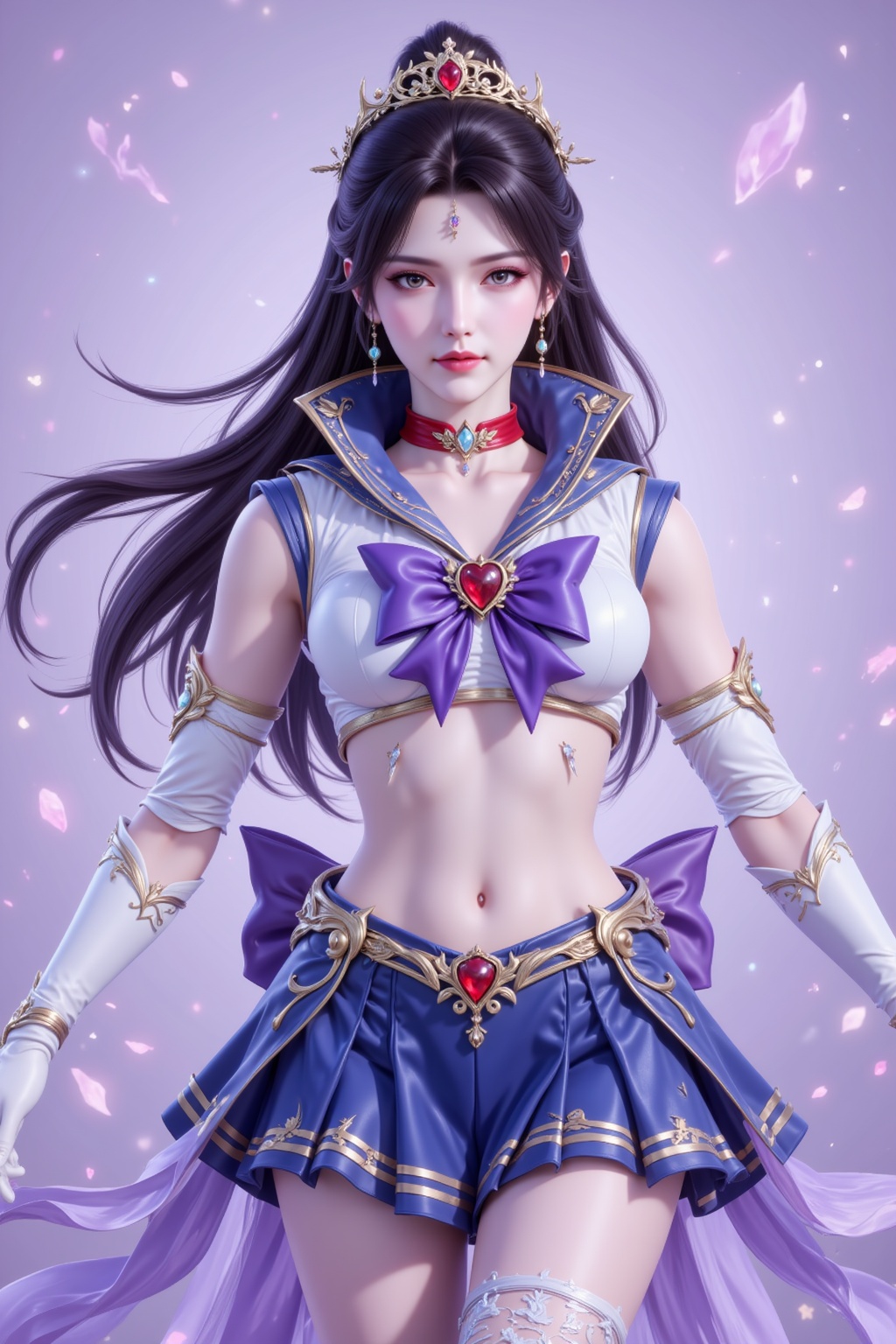 <lora:绚丽多彩·优化9:0.8>,lvjing,1girl,sailor senshi uniform,solo,jewelry,skirt,gloves,earrings,blue skirt,white gloves,sailor collar,bow,breasts,choker,elbow gloves,magical girl,back bow,covered navel,pleated skirt,looking at viewer,brooch,purple bow,heart brooch,red choker,miniskirt,closed mouth,large breasts,collarbone,red gemstone,tiara,cowboy shot,