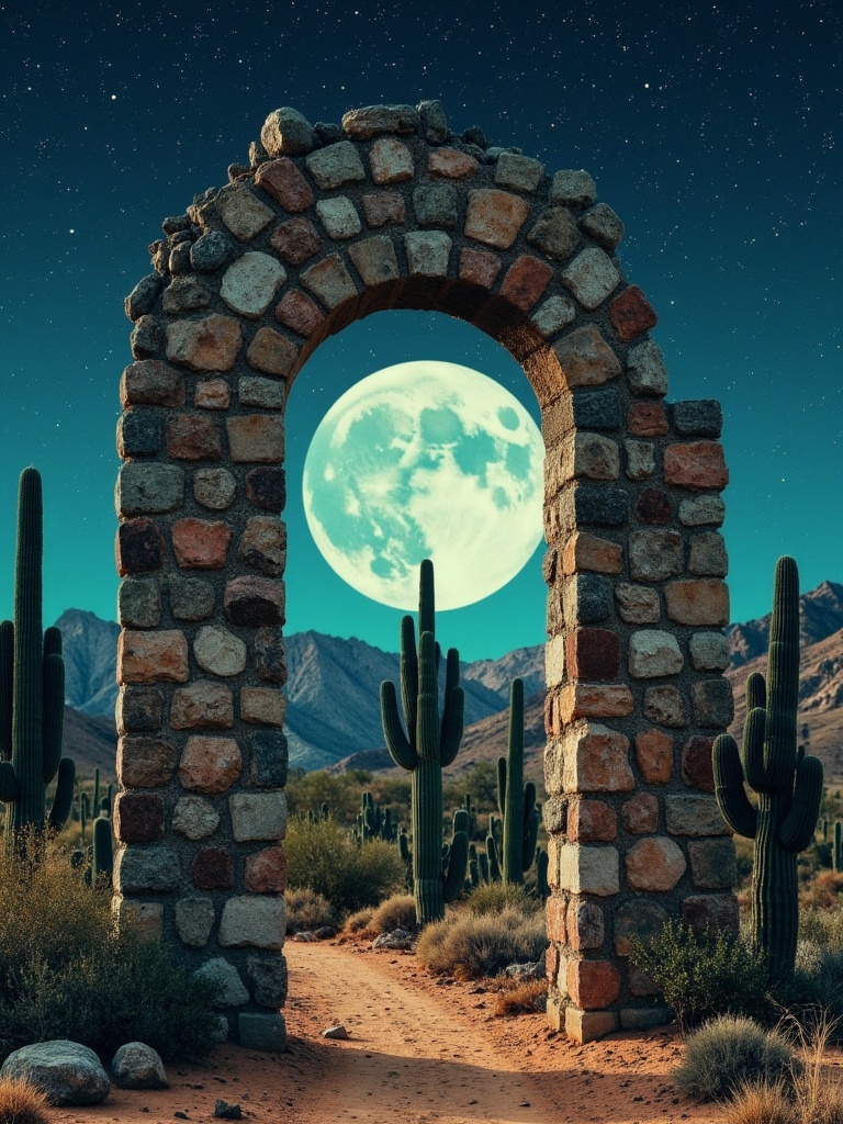 A portal-like stone archway standing in a cactus-filled desert,  revealing a full moon framed perfectly within,  stars sca...