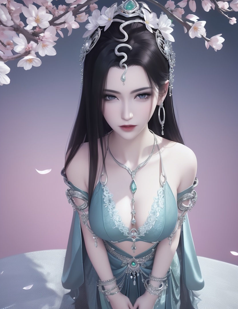 ultra realistic 8k cg, picture-perfect face, flawless, clean, masterpiece, professional artwork, famous artwork, cinematic lighting, cinematic bloom, perfect face, beautiful face, fantasy, dreamlike, unreal, science fiction , beautiful clothes, lace, lace trim, lace-trimmed legwear,  (rich:1.4), prestige, luxury, jewelry, diamond, gold, pearl, gem, sapphire, ruby, emerald, intricate detail, delicate pattern, charming, alluring, seductive, erotic, enchanting, hair ornament, necklace, earrings, bracelet, armlet,halo((,1girl, pov,))  (((1girl, solo,spring \(season\),cherry blossoms, large breasts,  looking_at_viewer ,chest jewel,  )))    <lora:DA_NSH_XLZH:0.6>