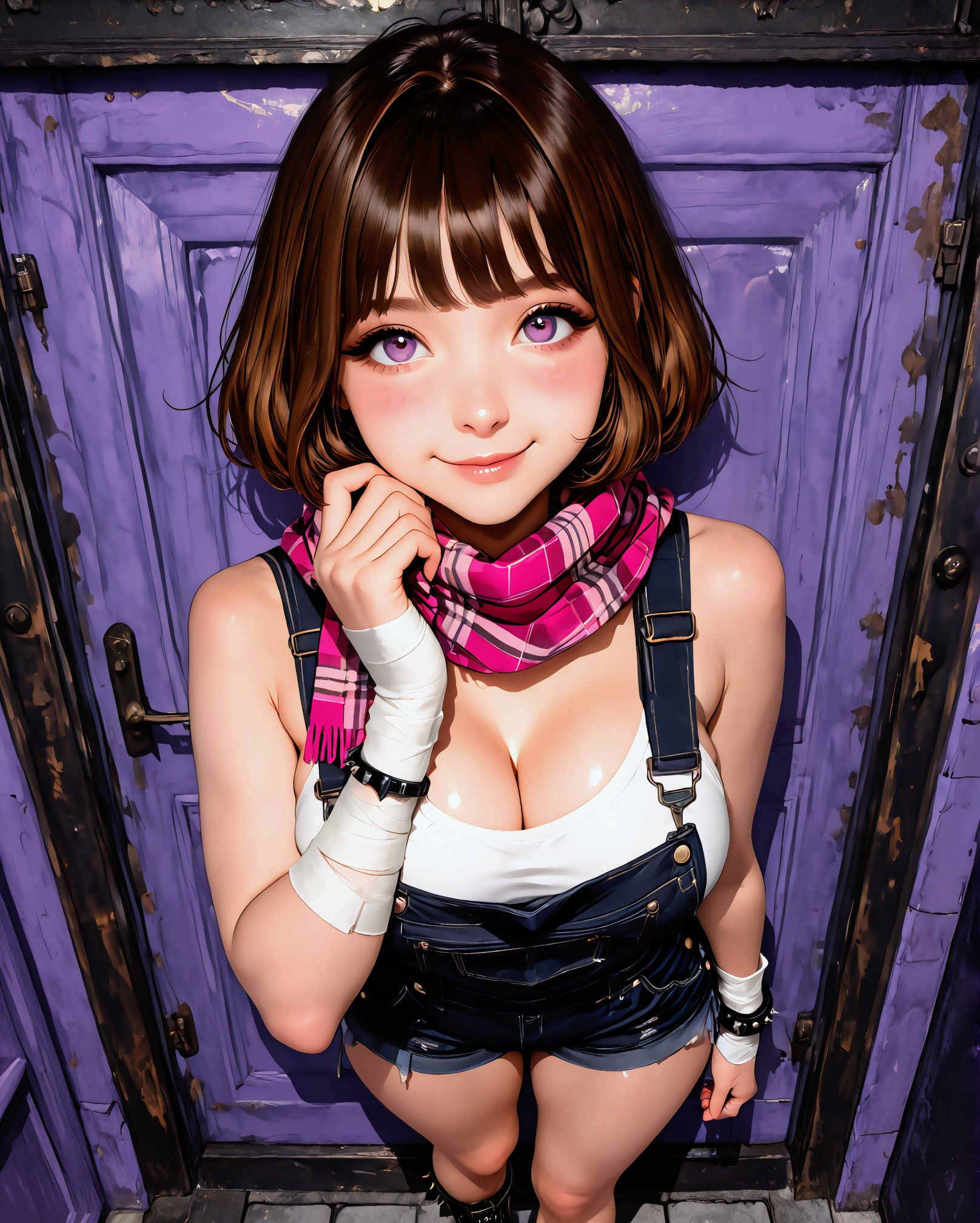 A digital illustration of a young woman from a slightly angled perspective,  focusing on her face and upper body. the imag...