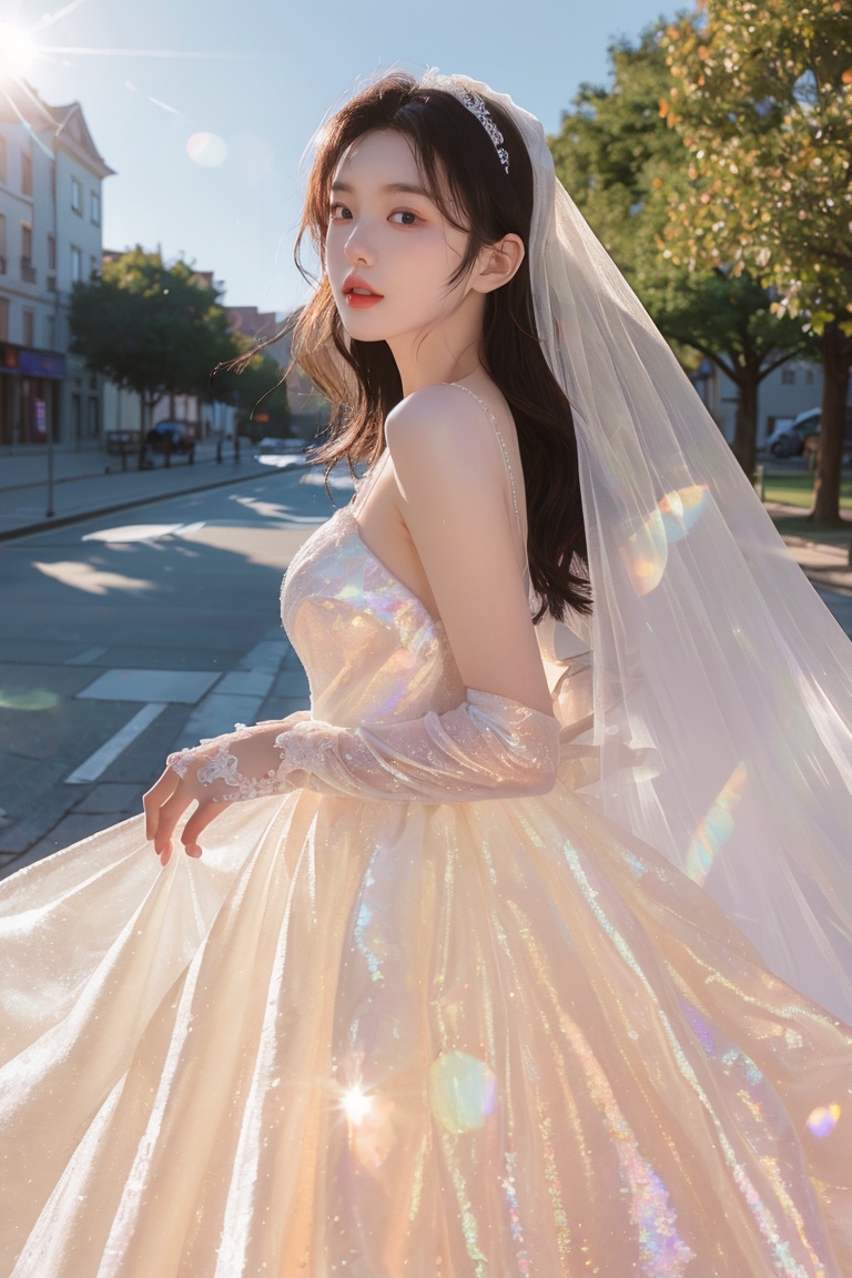 (masterpiece:1.3),(best quality:1.3),(photorealistic:1.4),see-through,midriff,pantyhose,(large breasts:1.2),yaosi,(street:1.4),(ultra detailed:1.3),unity 8k wallpaper,realistic,1girl,beautiful,smile,Big eyes more details,hair in the back of the head,a pearl necklace around the neck,(wedding dress:1.4),bright color,standing on the lawn,blue sky,floret,white clouds,soft light,early summer at seven in the morning,Jewelry,necklace,(8k, RAW photo, best quality, masterpiece:1.2),(realistic, photo-realistic),professional lighting,photon mapping,radiosity,Extreme Light and Shadow, <lora:YG彩虹糖纱婚纱:1>,