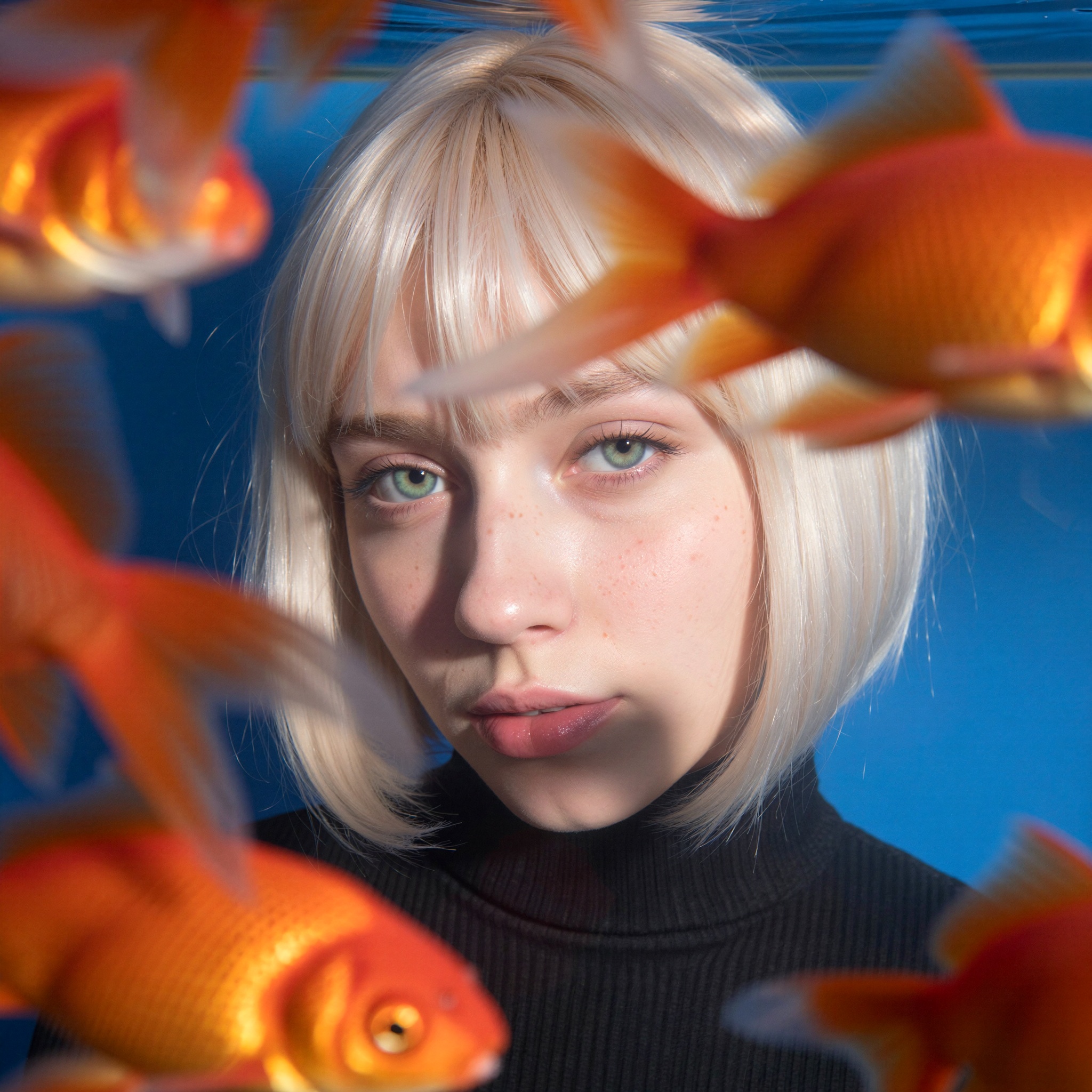 Dreamy cinematic portrait photography,  ultra close-up,  centered framing: a pale-skinned young person with a short on Ten...