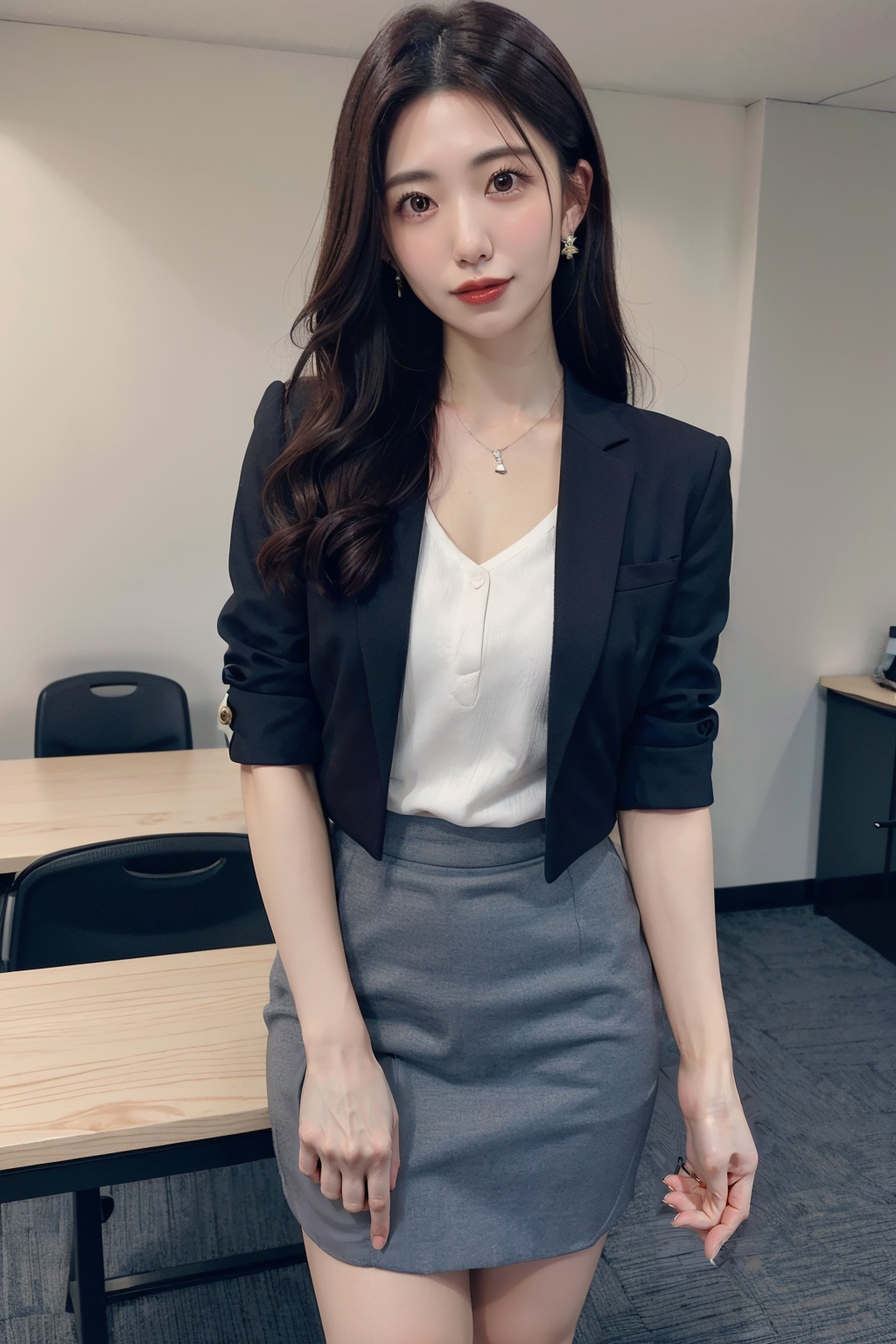 ((masterpiece, highest quality, Highest image quality, High resolution, photorealistic)),(Good structure),DSLR Quality,1girl,solo,realistic,front view,standing,cowboy_shot,(business_suit,black suit,pencil_skirt),(indoors,office),long sleeves,earrings,jewelry,long hair,simple background,pantyhose,looking at viewer,lips,closed mouth,medium breasts,<lora:aika_yamagishi-v05:0.9>,aika yamagishi,Depth of field,
