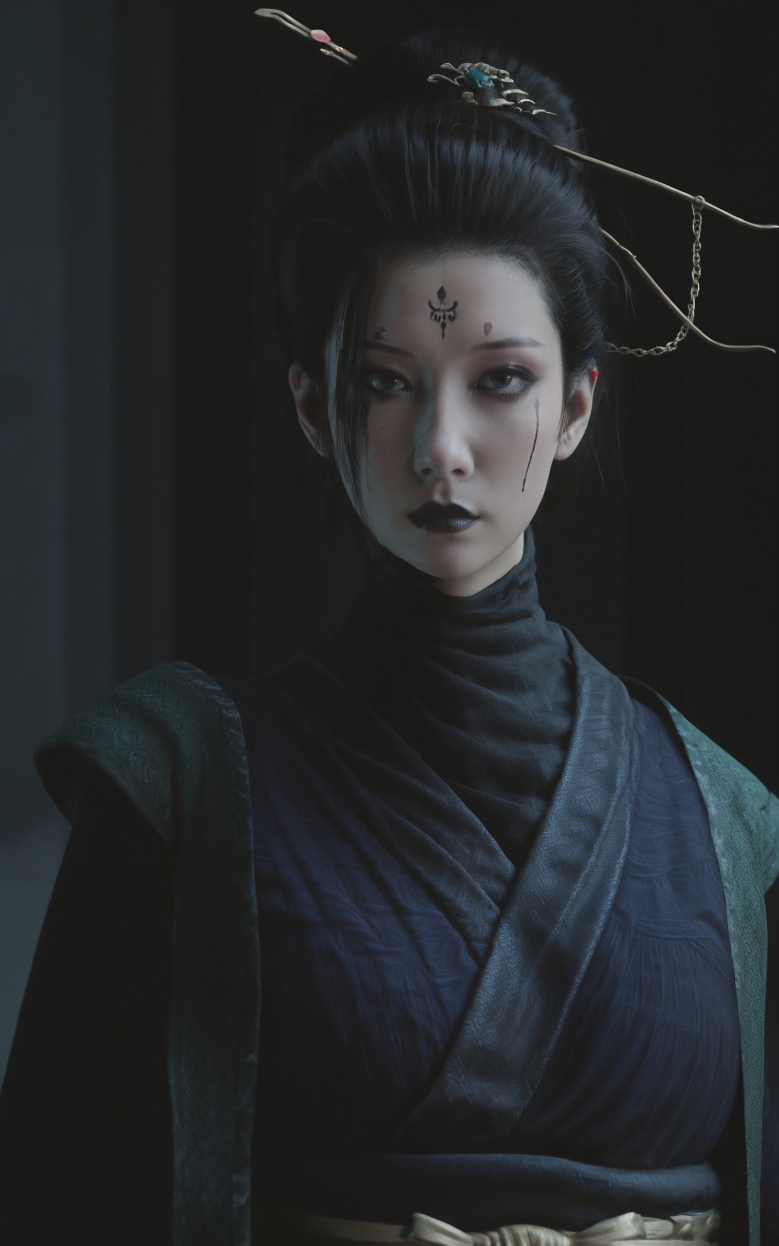 score_9, score_8_up, score_7_up, 8k, best quality, masterpiece, (ultra-detailed), solo, upper body:1.1), looking at viewer, <lora:zzsimei2-atw-Tanger:0.8>, zzsimei, Fourth daughter, Navy blue Hanfu, long sleeves, black lips, makeup, facial mark, by heishenhua, game cg, solo, black hair, hair stick, 1girl, sash, Heavy black makeup, realistic, kimono, cold light, cool tone, moonlight, depth of field, dynamic angle, top to knees view, (fingernails,nail_polish,black_nails), <lora:Turquoise Style LoRA_Pony XL v6:0.25>, traditional media, realistic, 