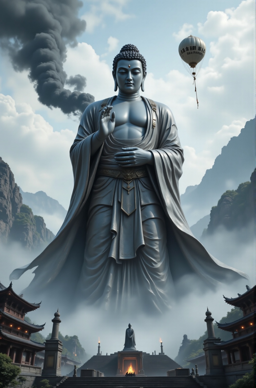 hkgod,dlrb,aidmafluxpro1.1,(best quality),ultra-detailed,(masterpiece),finely detail,highres,8k wallpaper,(a 10,000-meter-high stone Buddha standing in the sky),sitting on the earth,((head above the clouds), (lower body below the clouds), (wearing a mask :1.5), (standing in front of more than 10,000 burning incense), incense 2 meters thick, 3 kilometers to 8 height, incense, each incense written on the curve of wealth, (The incense smoke rises and gathers into the clouds to form thick black clouds), a 20-meter kite floats above the clouds, and a burning incense stick is attached to the kite, (a group of modern buildings stands at the bottom of the picture), (Wands) incense :1.5, (((close your eyes))),