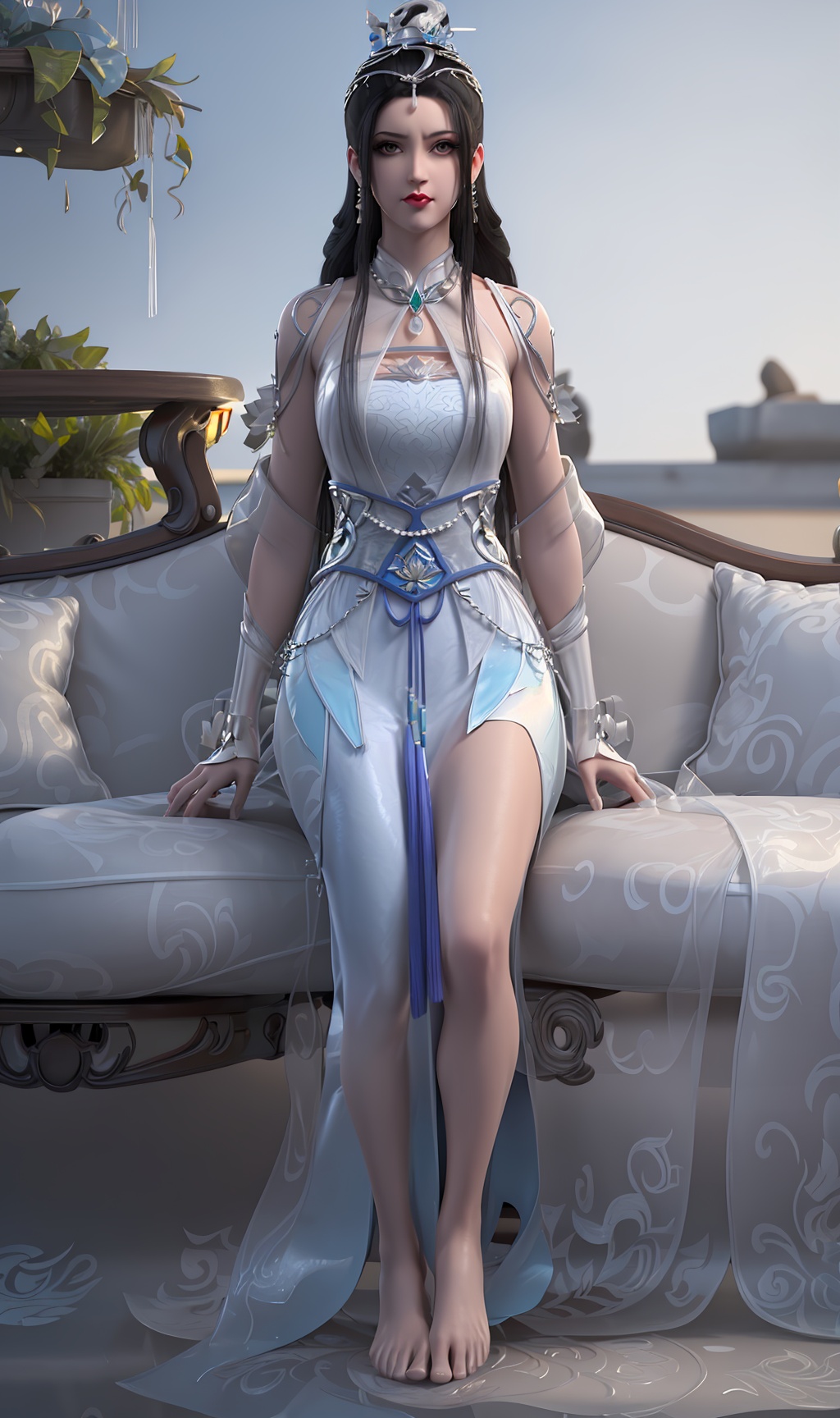 3D,masterpiece,(best quality),(makeup),official art, extremely detailed cg 8k wallpaper,((crystalstexture skin)), (extremely delicate and beautiful),(highly detailed),(face),(headdress),(1girl), (solo), (jewelry), (earrings),(black_hair),(long_hair),(hair_ornament),(handwear),(silk_ribbon),(breast),(wristband),(sitting),,,((full_body,whole_body)),(long_dress,long_skirt),(chinese_clothes),(multicolored_clothes),(multicolored_dress),(shiny_clothes:),(long_legs),((closed_mouth)),(sunshine, outdoor,sofa),((looking_at_viewer)),((Facing the camera)),(barefoot), (anklet),, <lora:hipoly3DModelLora_v10:0.3>