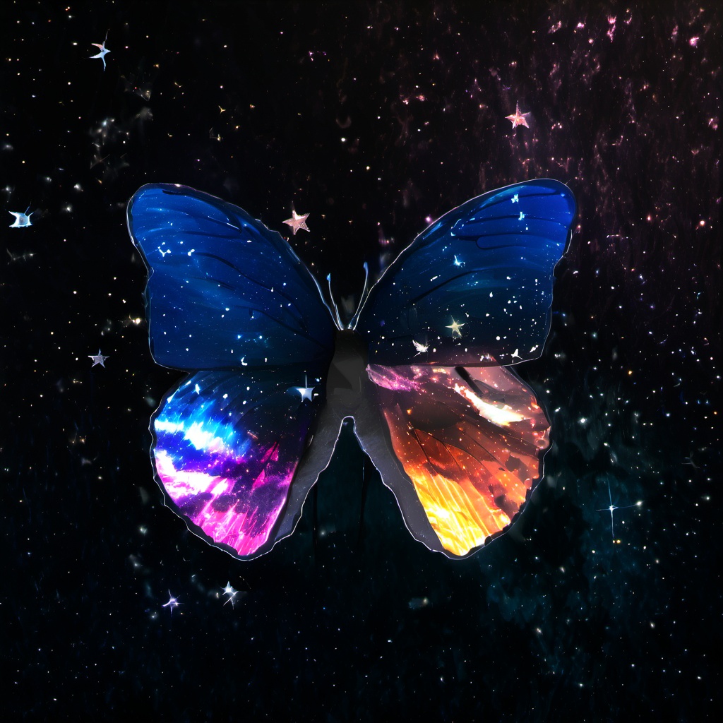 <lora:star_xl_v2:1>,a butterfly with a colorful wing is shown in the dark sky with stars and a bright light coming from the wing, solo, outdoors, wings, sky, no humans, bug, butterfly, nature, scenery, forest, flying, sunset, silhouette, butterfly wings, cloud, star \(sky\), starry sky, pillar, The image showcases a vividly colored butterfly with wings that appear to be made of a translucent material, revealing a cosmic scene within. The wings are predominantly blue with hints of pink and orange, reminiscent of a galaxy or nebula. The background is dark, possibly representing a night sky or a rocky surface, and is adorned with sparkling stars and a bright shooting star. The butterfly's body is black, contrasting sharply with the vibrant wings., image, translucent material, cosmic scene, galaxy or nebula, dark background, sparkling stars, bright shooting star