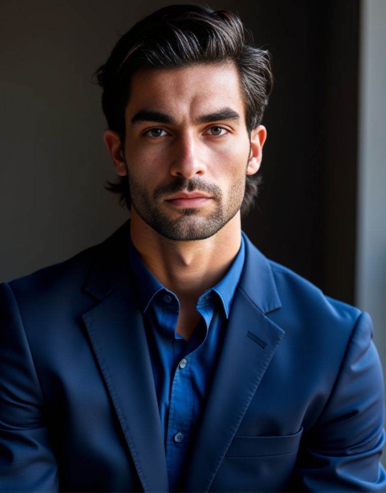 Ferran Torres ,  masterpiece. best quality .extreme detailed. An iphone photo. male. ( wearing navy suit. blue shirt . loo...