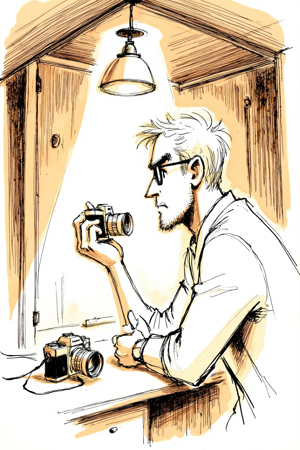 beijihui,A detailed sketch of a man holding a camera in his right hand. The man is facing the camera,and the camera is positioned in front of him. He is wearing glasses,and a white shirt. His hair is short and blond,and he has a serious expression on his face. His left hand is holding the camera with his left hand,and his right thumb is pointing towards the camera. The camera is on a table,and there is a light hanging from the ceiling. The light casts a shadow on the table,adding a pop of color to the scene.,