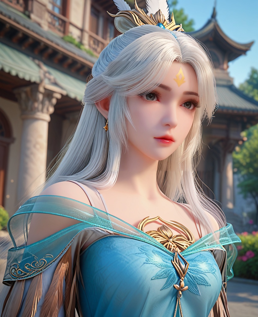 (oriental architecture, elegant decor, sophisticated style:1.1),kissing,(breasts:1.2),<lora:XL完美世界银凰雪琳:0.9>,miss xuelin,solo,blue topwear,see-through shawl of green,side slit maxiskirt of silver,blue eyes,eyelashes,bangs,forehead mark,white hair,long hair,hair ornament,jewelry,bare shoulders,lips,hanging hair,opera sleeves,, zPDXL2, score_9, score_8_up, score_7_up BREAK realistic, masterpiece,best quality, highly detailed,, zPDXL3, zPDXL2,zPDXL, zPDXLxxx, zPDXLrl,