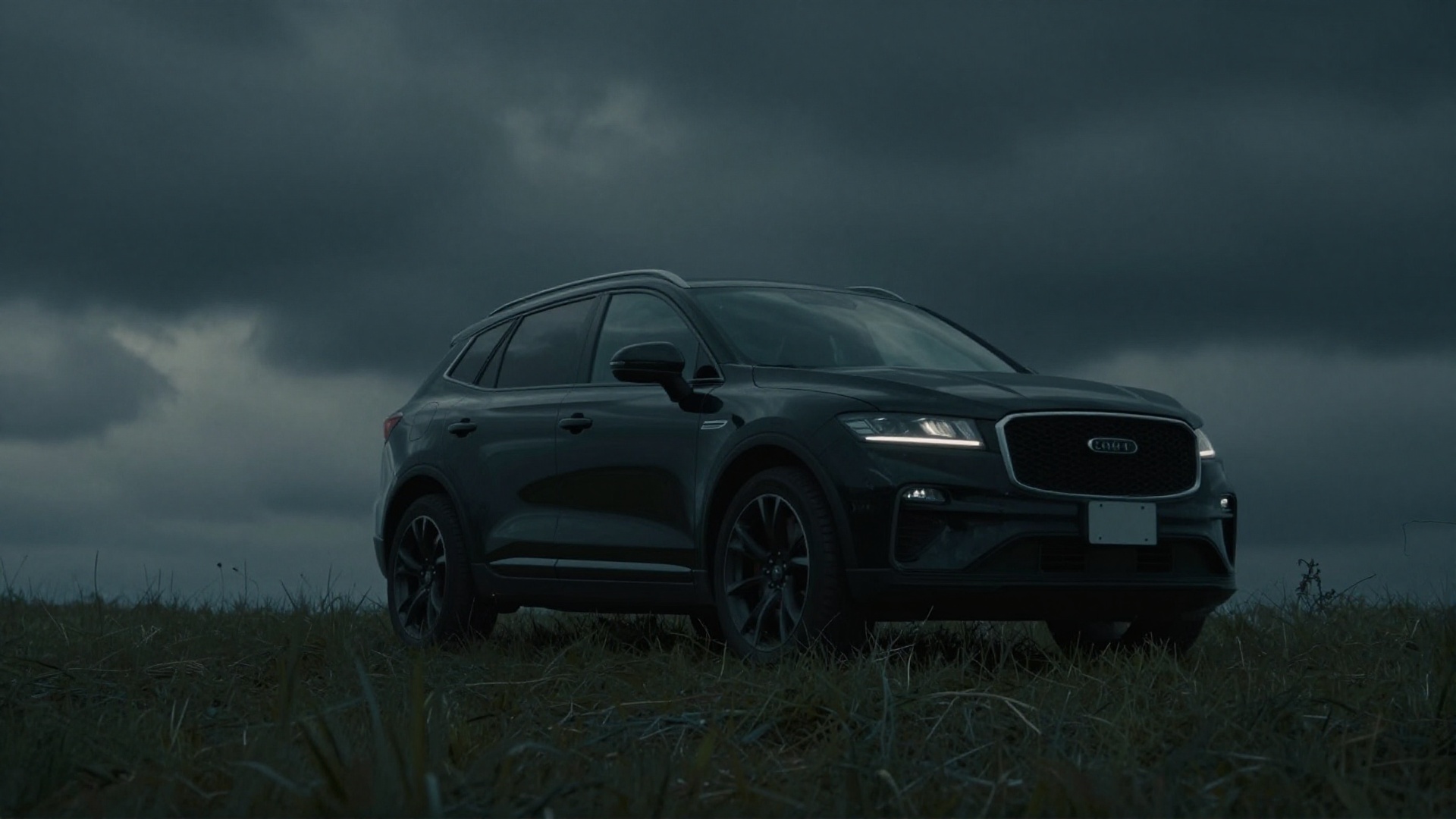 cinematic film still of cinematic style,  In 3D rendering style,  a dark themed image of a black suv parked on a grassy hi...