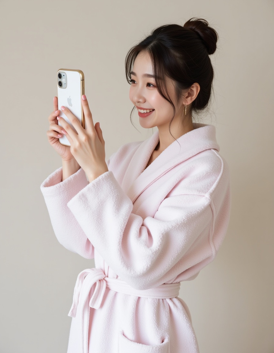 a real picture of a south korea woman,she wearsIn\(white_Pink microfiber Bath Robe\).,taking pictures with an apple phone,