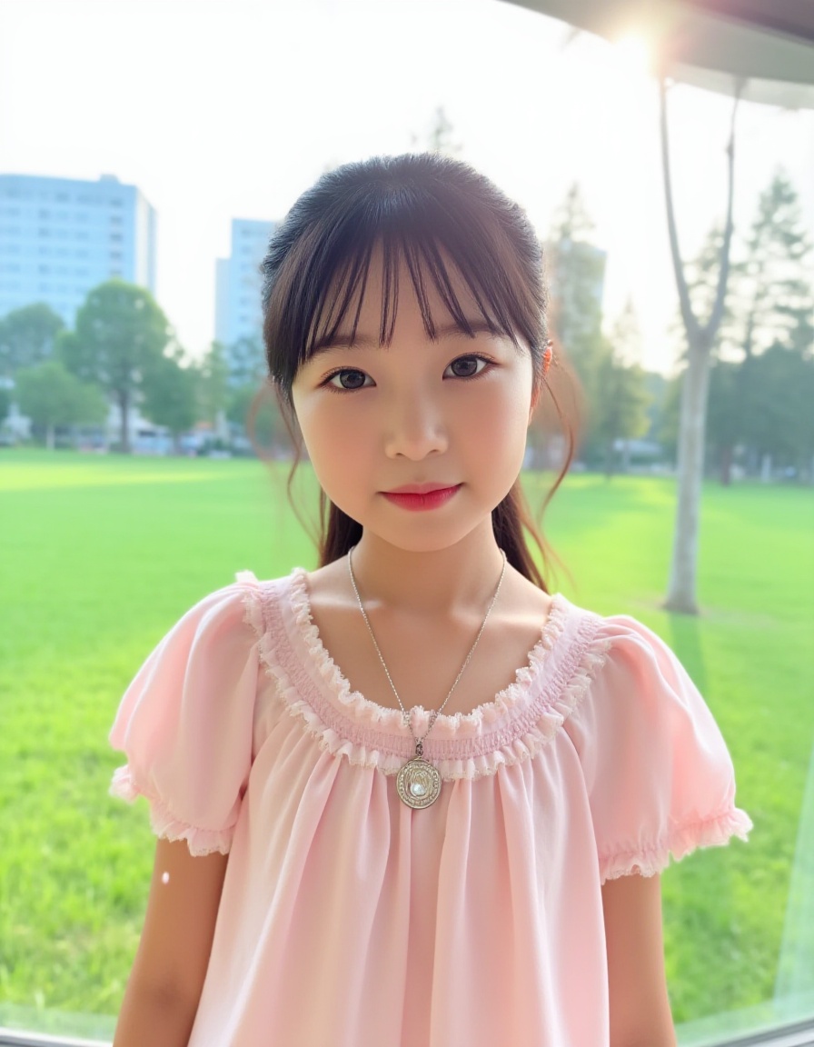 a young Asian girl stands in front of a window. She is dressed in a light pink,short-sleeved blouse with a lace trim around the neckline and shoulders. She's wearing a silver necklace with a circular pendant,adding a touch of charm to her outfit. The girl's eyes are a deep brown,her hair is a dark brown,and her lips are a lighter pink. The backdrop of the scene is a lush green grassy field,with tall trees and buildings in the distance. The sky is a pale blue,and the sun is shining through the window.,