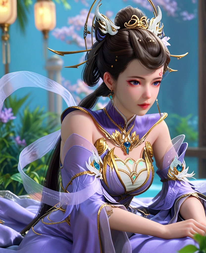 (oriental architecture, elegant decor, sophisticated style:1.1),(sitting:1.1),(breasts:1.2),<lora:XL师兄啊狐狸精小兰:0.95>,miss xiaolan,purple tight dress,forehead butterfly mark,mole under right eye,black hair,twintails,hair bun,blue eyes,bare shoulders,earrings,jewelry,hair ornament,blue gemstone,detached sleeves,shawl,, score_9,score_8_up,score_7_up,score_6_up,score_5_up,score_4_up,3d rendering,tag1,tag2, Cinematic Lighting,backlighting,