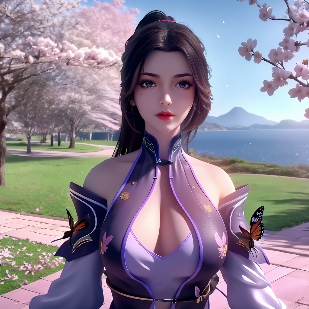 <lora:779-DA-绝世战魂-楚云:0.8>, (,1girl, ,best quality, ),looking at viewer,  ultra detailed background,ultra realistic 8k cg,ultra detailed 8k cg,masterpiece,upper body,  (( , )),, ,science fiction,mole, ultra realistic 8k cg, ,    ,outdoors, sun,sunlight, cherry blossoms,      (cleavage),,  (), butterfly,