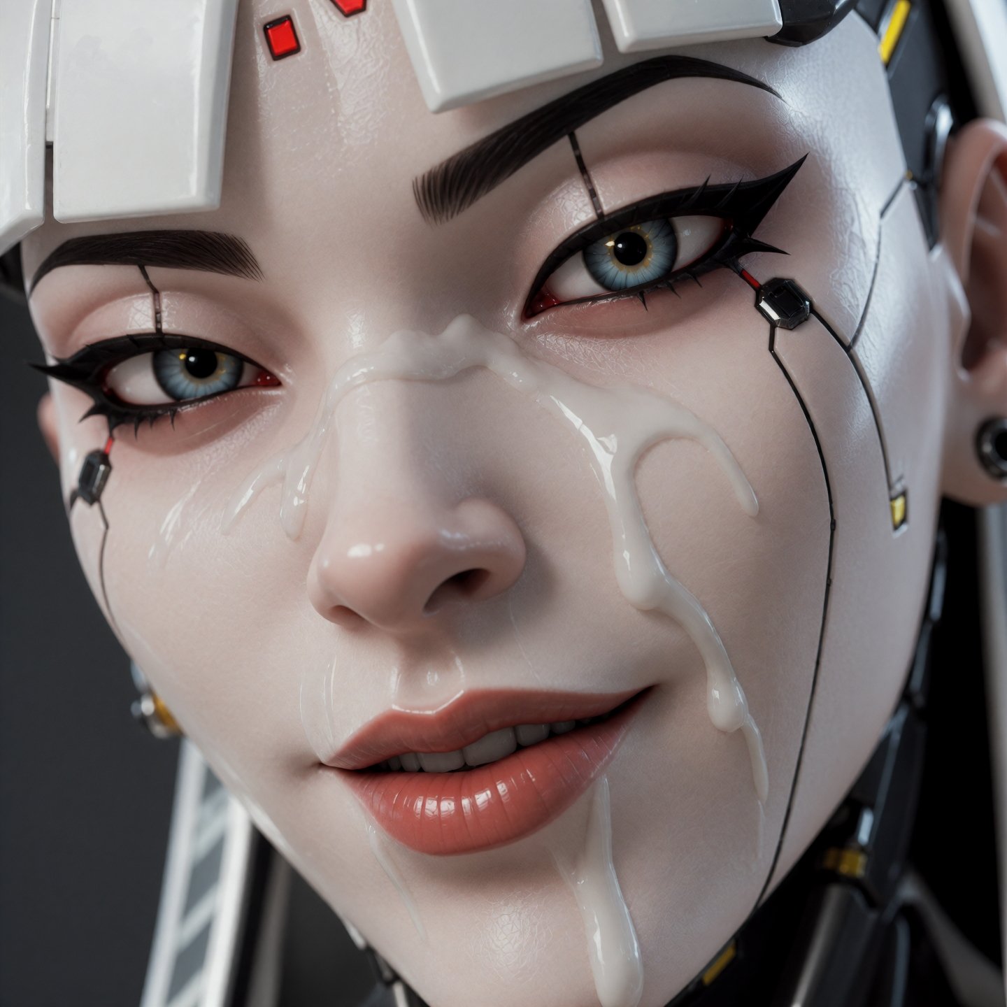 Shion fills the frame in a tight close-up portrait showing face only,  her head centered and looking straight into the cam...