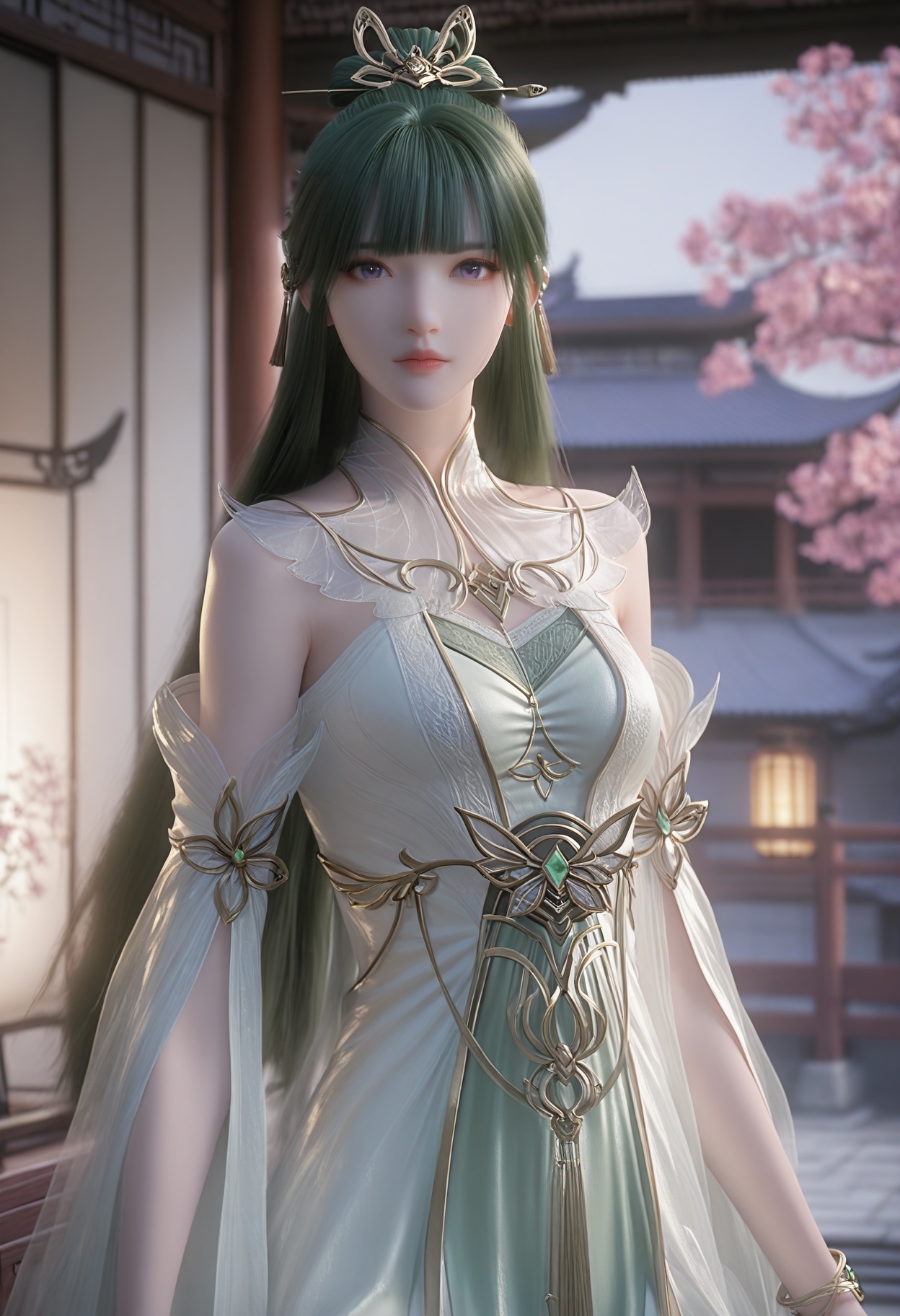 Fu_qu,1girl,green hair,hair ornament,long hair,bangs,blurry background,anklet,barefoot,purple eyes,bare shoulders,<lora:Fu_qu_10_illu-000004:0.75>,white dress,green dress,detached sleeves,see-through,gold trim,photorealistic,hyperrealistic,<lora:realistic filter [IL]:1>,(pale skin:1.2),looking at viewer,standing,(upper body:1.2),close up,head shot,lantern,open window,looking at viewer,indoors,mountains,blossoms,flowers,east asian architecture,beautiful sunrise,warm ambient temperature,