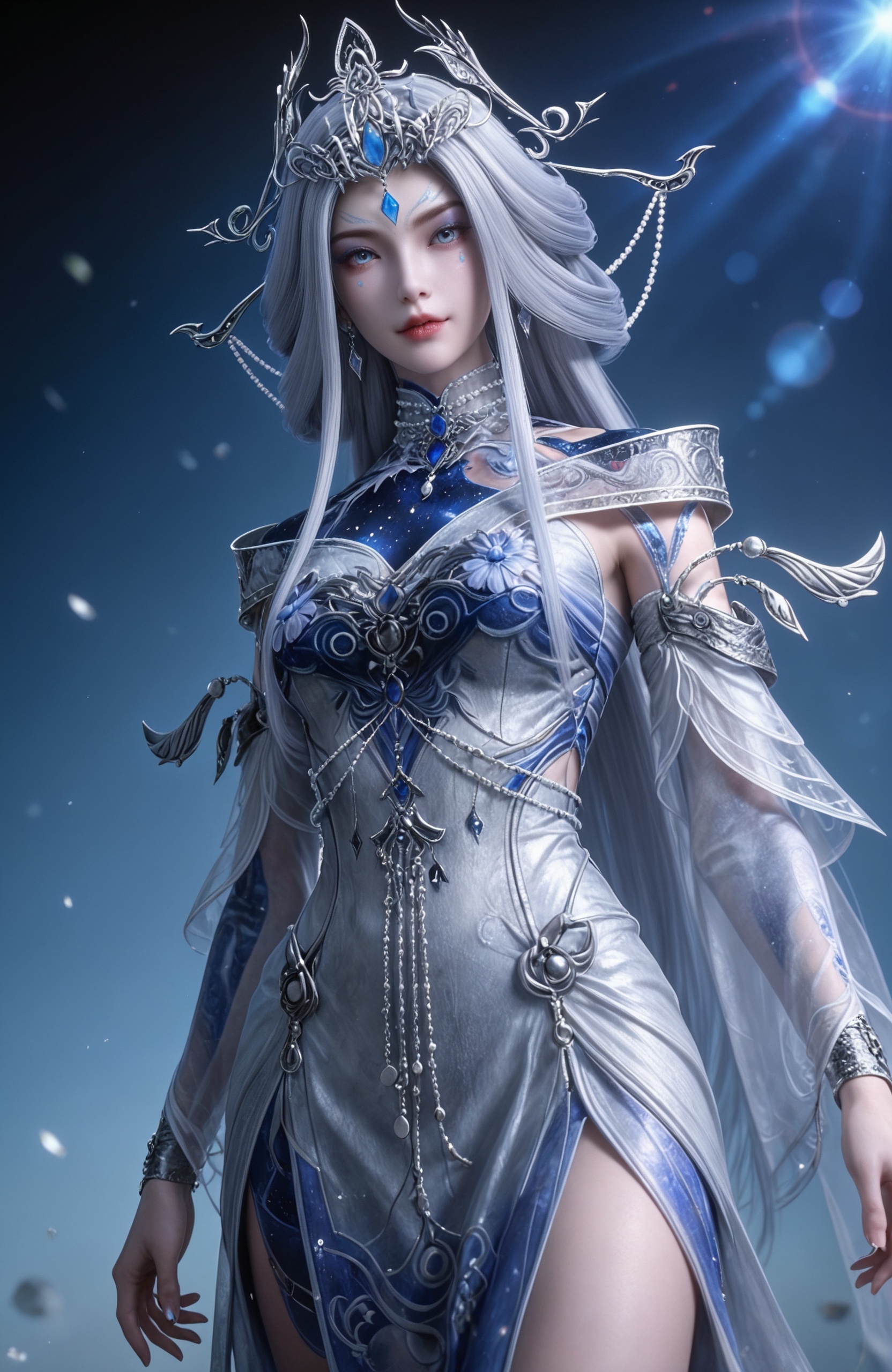<lora:完美世界-银灵Pony:0.7> 1girl, hair ornament, blue eyes, jewelry, gem, tiara, long hair, white dress, grey hair, facial mark, bare legs,barefoot,, realistic style photo,outstanding style,adding a touch of dimension to your images without compromising details,whirls of vapor,ethereal ambiance,delicate details,magical atmosphere,concept art,highly detailed,ultra-high resolution,32K UHD,sharp focus,best-quality,masterpiece,golden hour,unconventional supreme masterpiece,masterful details,temperate atmosphere,with a high-end texture,in the style of fashion photography,magazine style,Dynamic Angle,Dynamic posture,(cowboy_shot:1.2),depth of field,lens flare,extreme aesthetic,masterpiece,best quality,good quality,newest,year 2025,very aesthetic,absurdres,Visual impact,A shot with tension,ultra-high resolution,32K UHD,sharp focus,best-quality,masterpiece,Emotionalization,unconventional supreme masterpiece,masterful details,temperate atmosphere,with a high-end texture,in the style of fashion photography,(Visual impact:1.2),giving the poster a dynamic and visually striking appearance,, solo,upper body,looking at viewer,gradient background,gradient,blue background,black background,