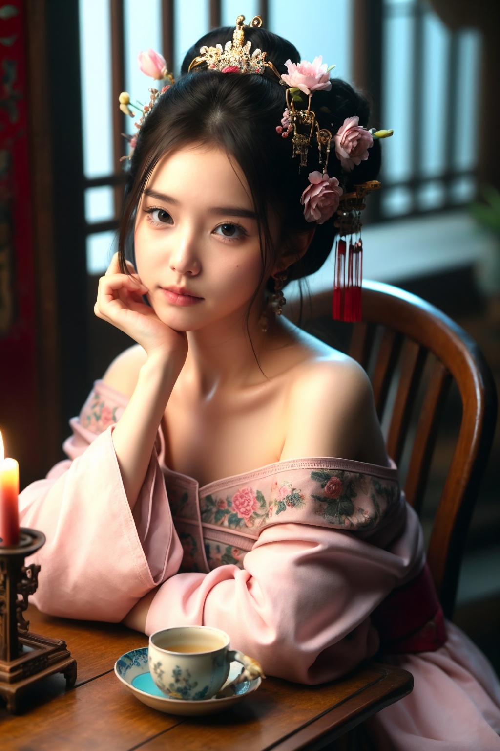 1girl, hair ornament, flower, solo, black hair, realistic, jewelry, candle, hair flower, earrings, table, indoors, blurry, looking at viewer, head rest, hair bun, window, teapot, vase, sitting, chair, hair stick, black eyes, chinese clothes, ( red_clothes:1.3), off shoulder, bare shoulders, pink flower, lips, depth of field, single hair bun<lora:嫣月楼3:0.85>