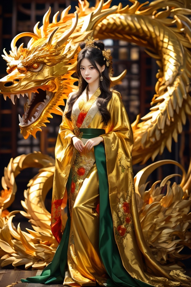1 girl, behind a golden dragon, Face the Camera, Full Body Show, HD resolution, rich details, rich colors